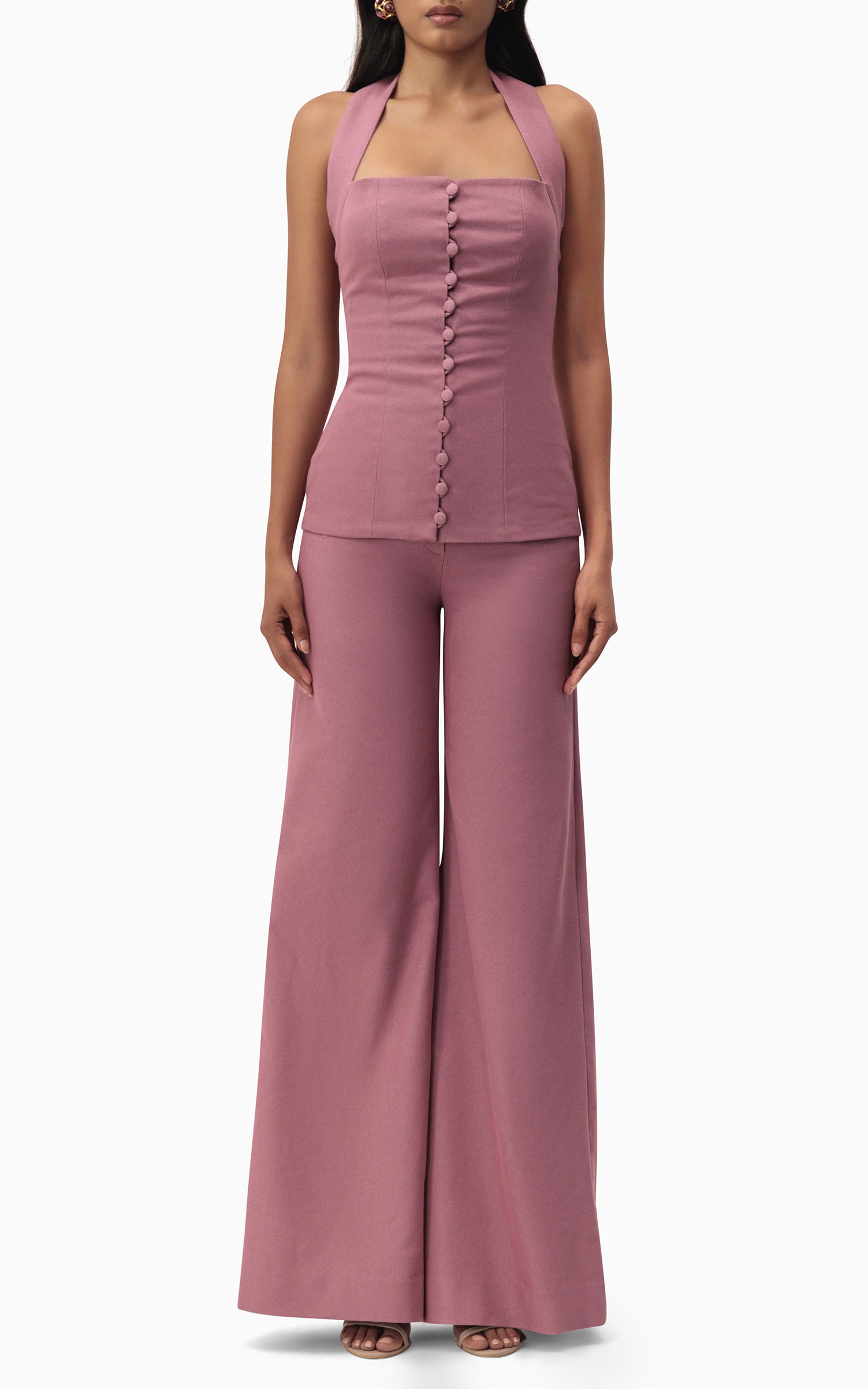Dusty pink denim wide leg pants front 2