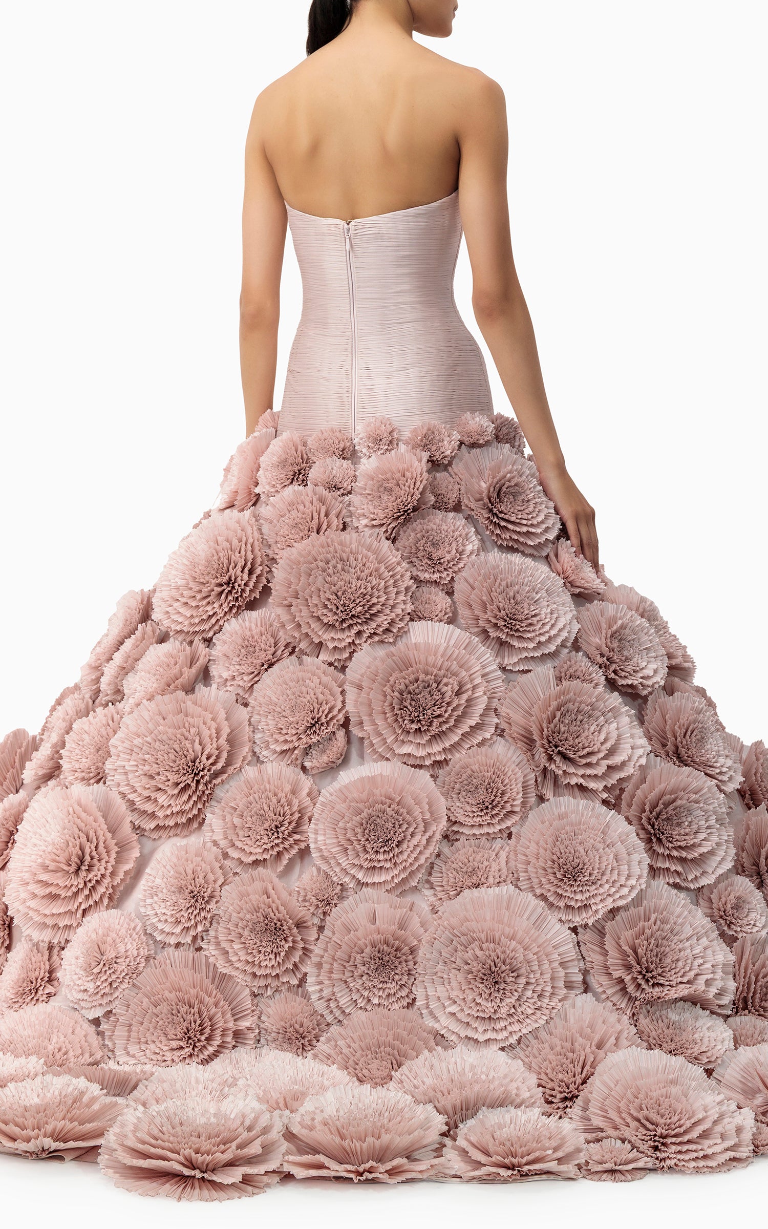 Handmade floral couture gown with 100 fabric flowers and sculptural skirt – perfect for red carpets, couture shows, and gala nights in Dubai or the GCC, back