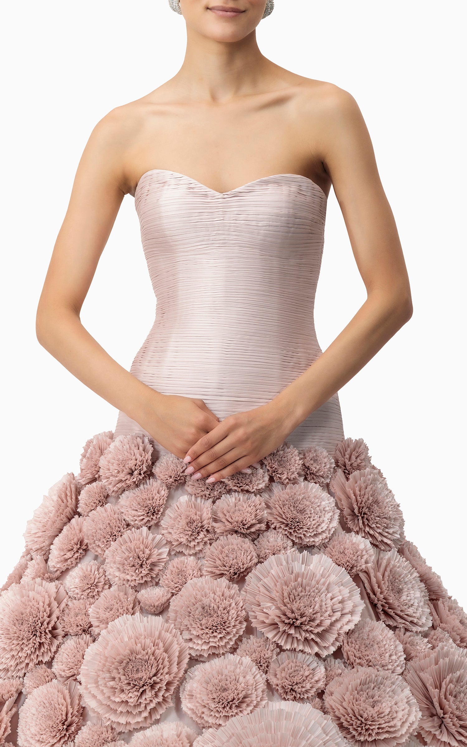 Handmade floral couture gown with 100 fabric flowers and sculptural skirt – perfect for red carpets, couture shows, and gala nights in Dubai or the GCC, detial pose
