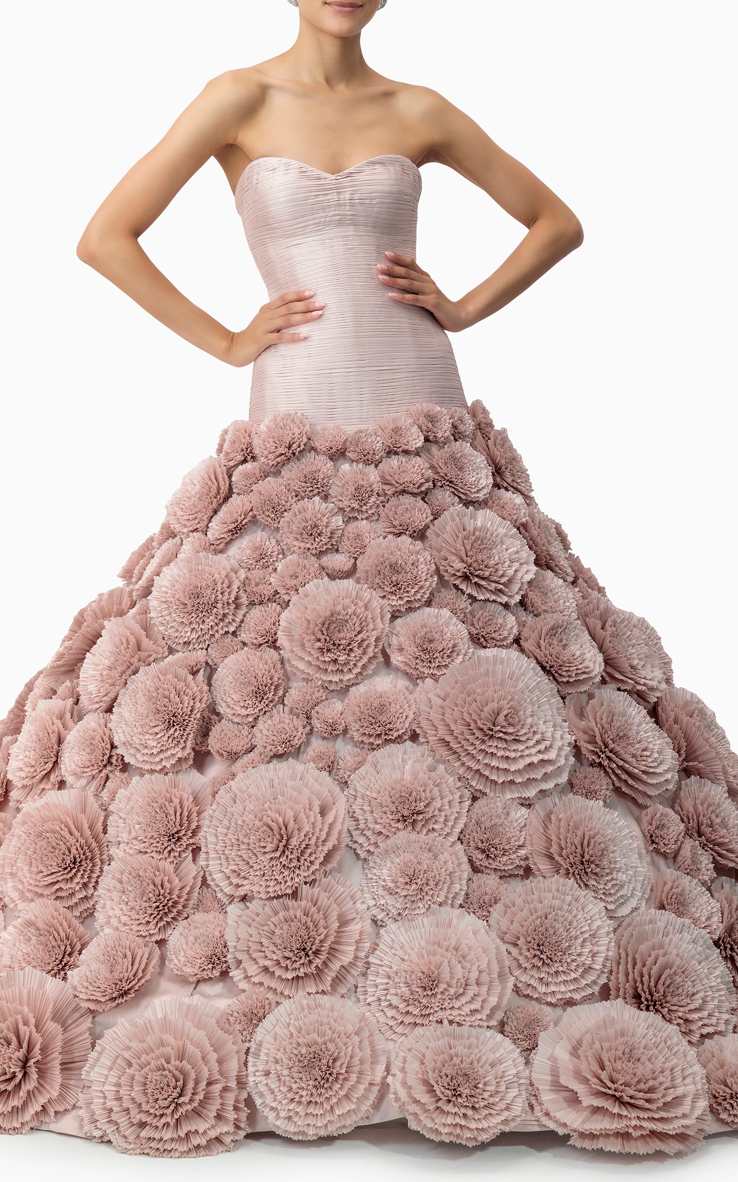 Handmade floral couture gown with 100 fabric flowers and sculptural skirt – perfect for red carpets, couture shows, and gala nights in Dubai or the GCC, front pose