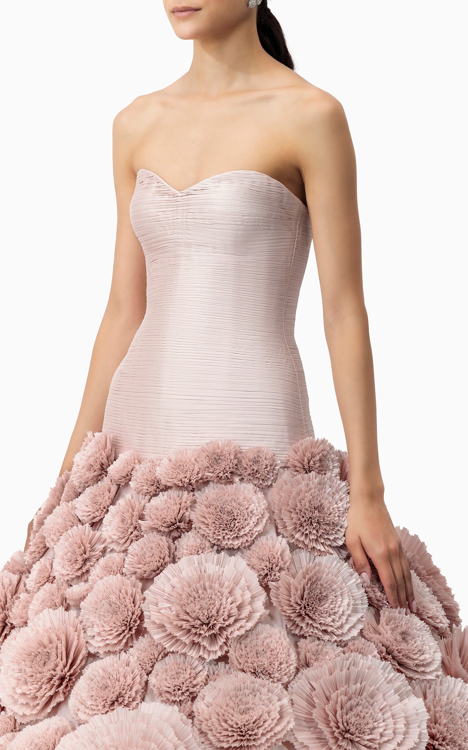 Handmade floral couture gown with 100 fabric flowers and sculptural skirt – perfect for red carpets, couture shows, and gala nights in Dubai or the GCC, side details