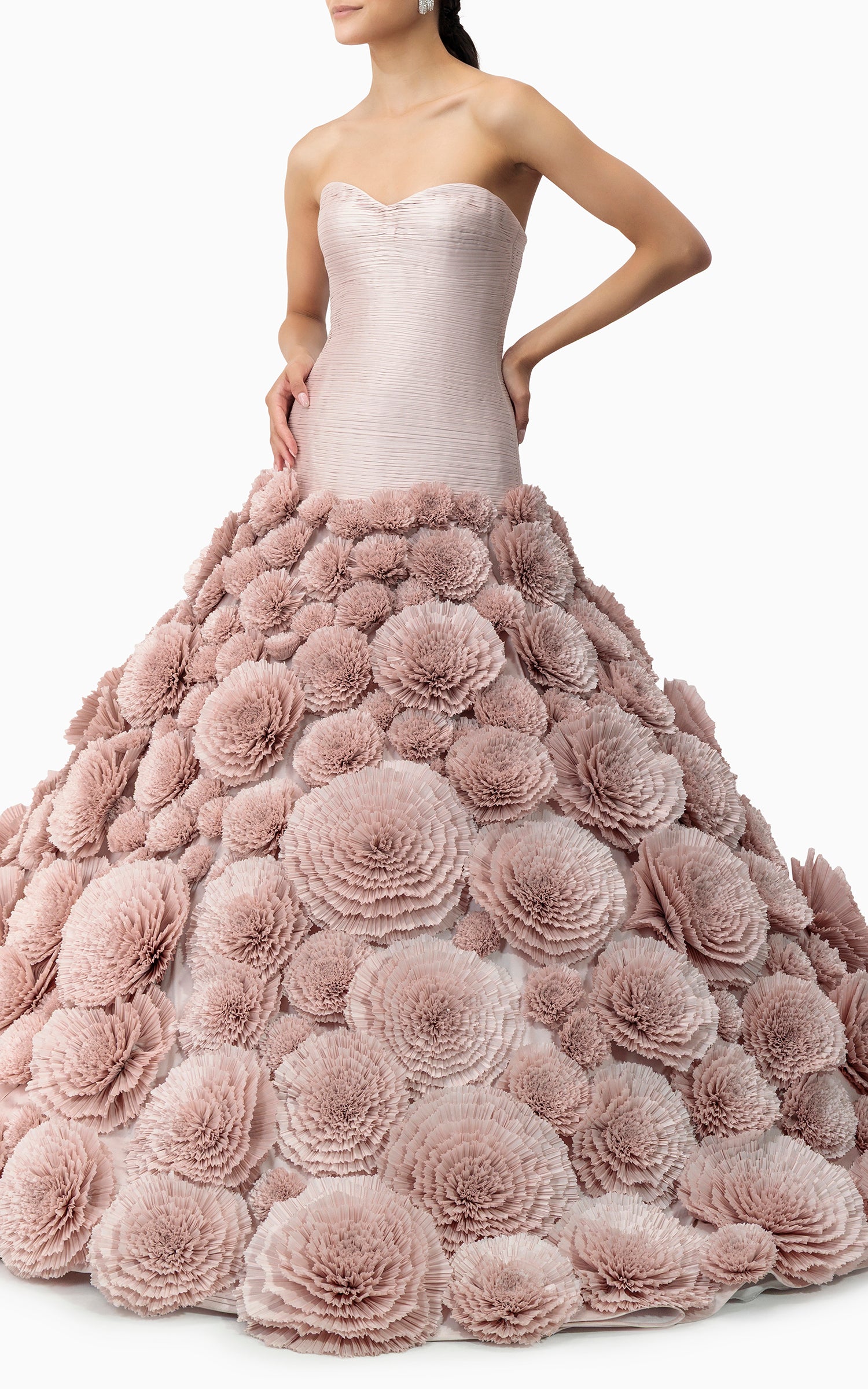 Handmade floral couture gown with 100 fabric flowers and sculptural skirt – perfect for red carpets, couture shows, and gala nights in Dubai or the GCC, side view