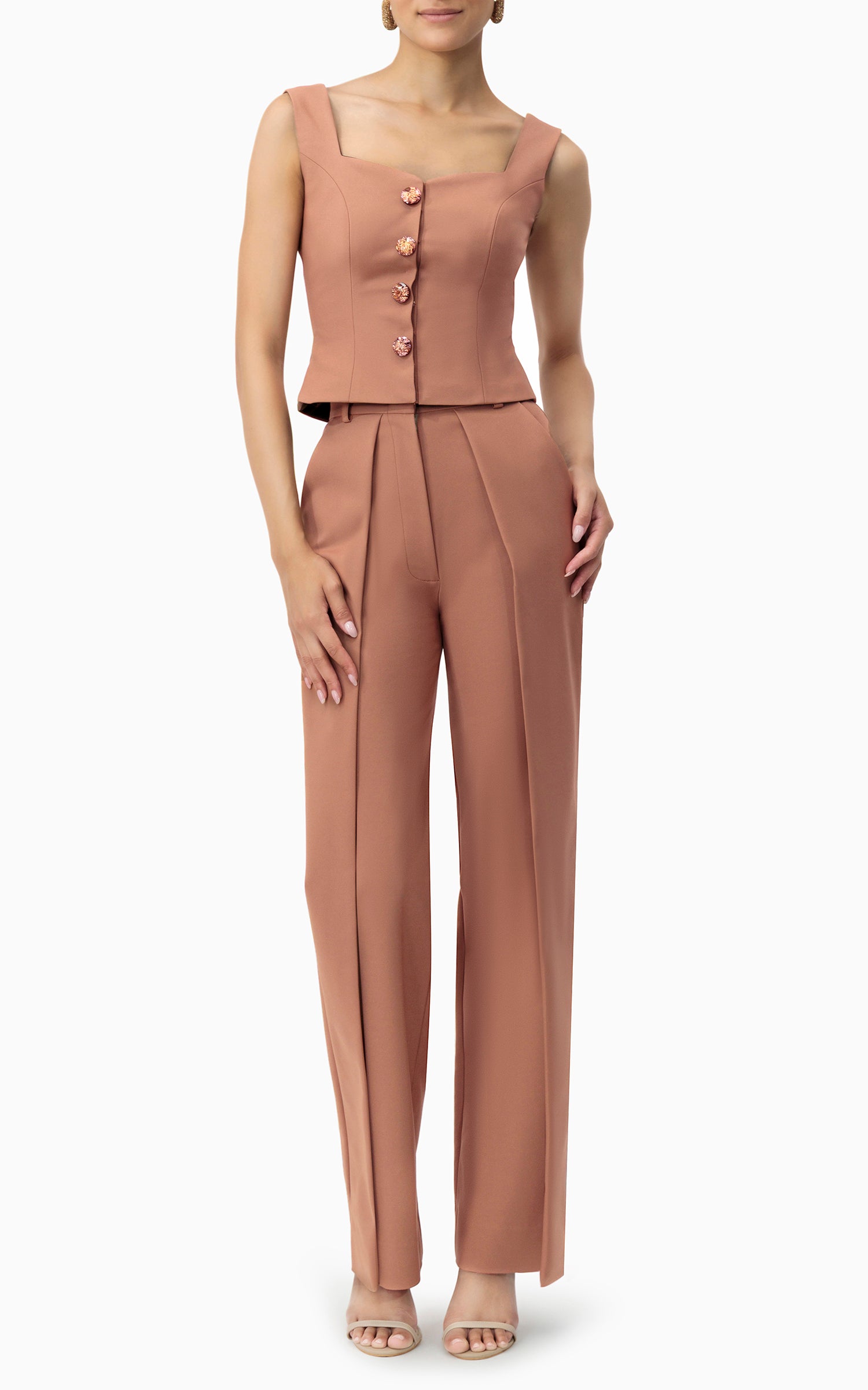 Mocha tailored vest with gem-style buttons – versatile layering piece for GCC fashion, from Dubai street style to evening ensembles, fron full