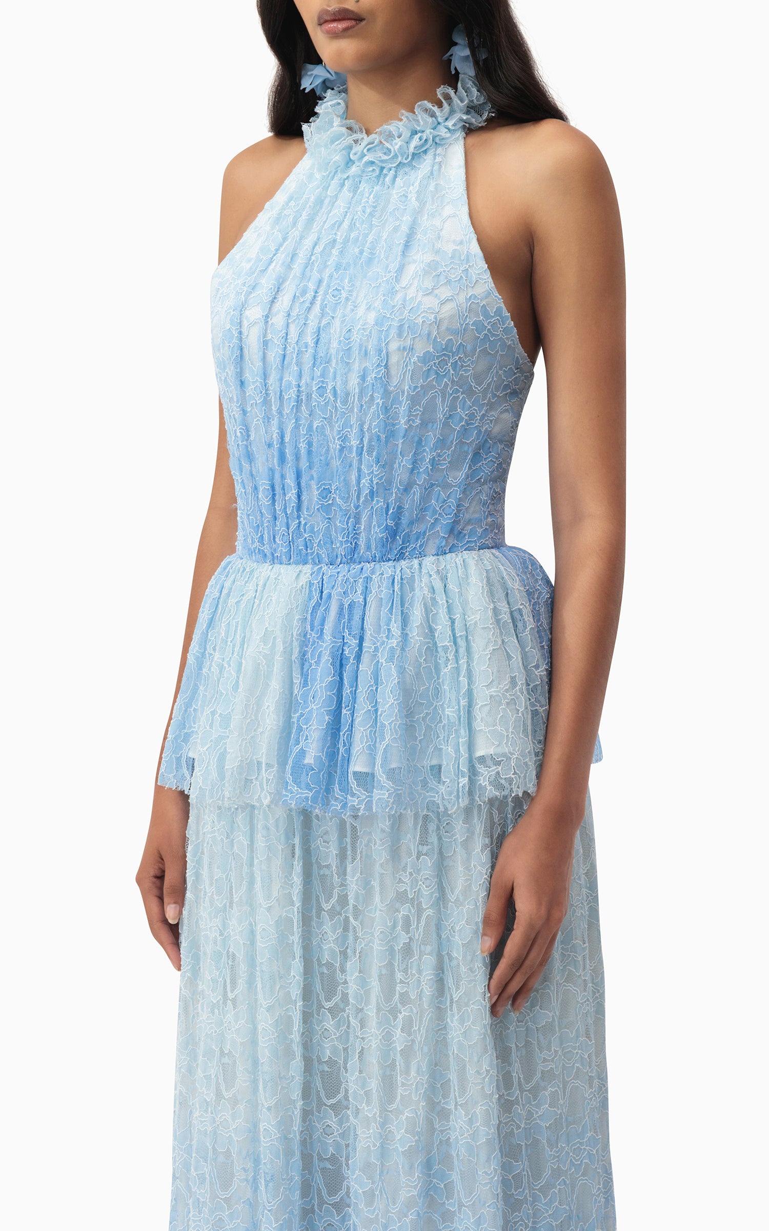 Model wearing halter blue lace dress with ruffles and peplum waist – perfect for beach weddings, summer events, and romantic getaways, close up