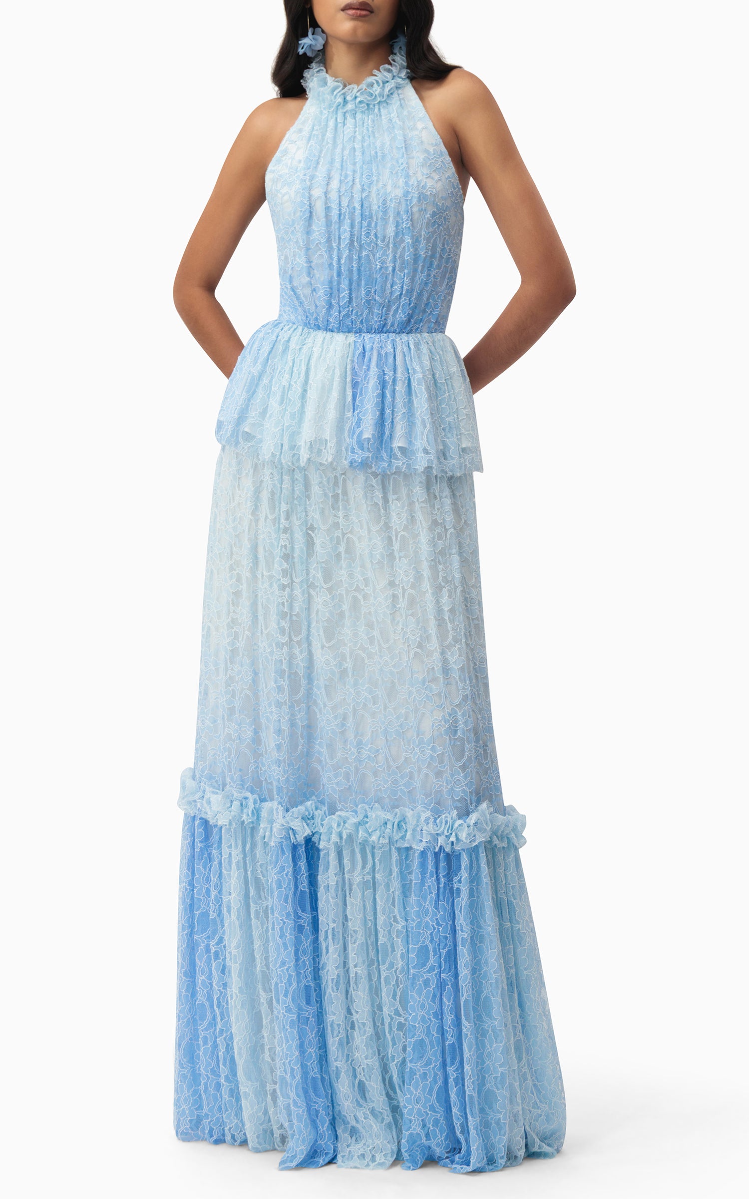 Model wearing halter blue lace dress with ruffles and peplum waist – perfect for beach weddings, summer events, and romantic getaways front pose