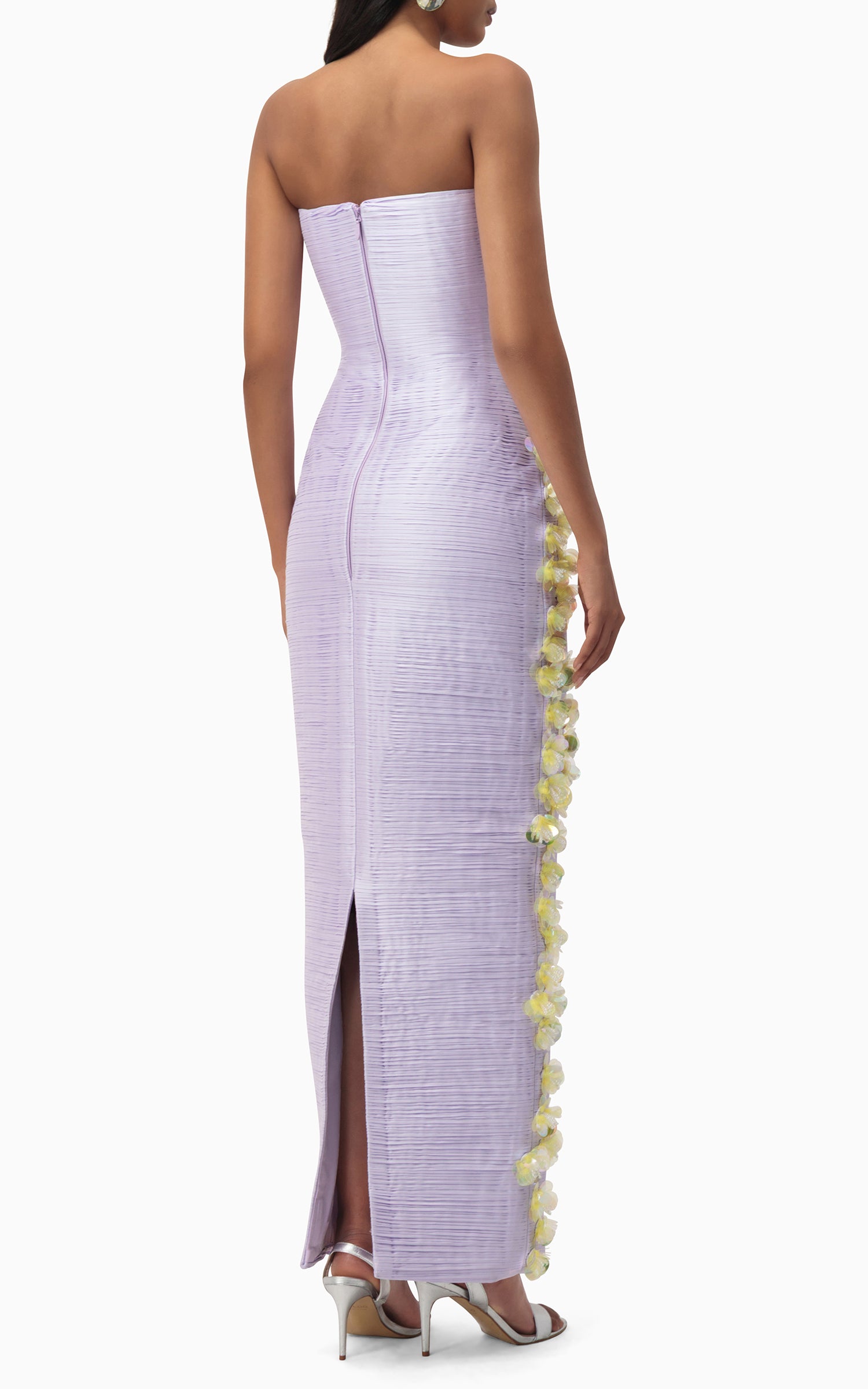 Model wearing lilac taffeta maxi dress with yellow floral detailing – perfect for evening events, weddings, or formal summer occasions back