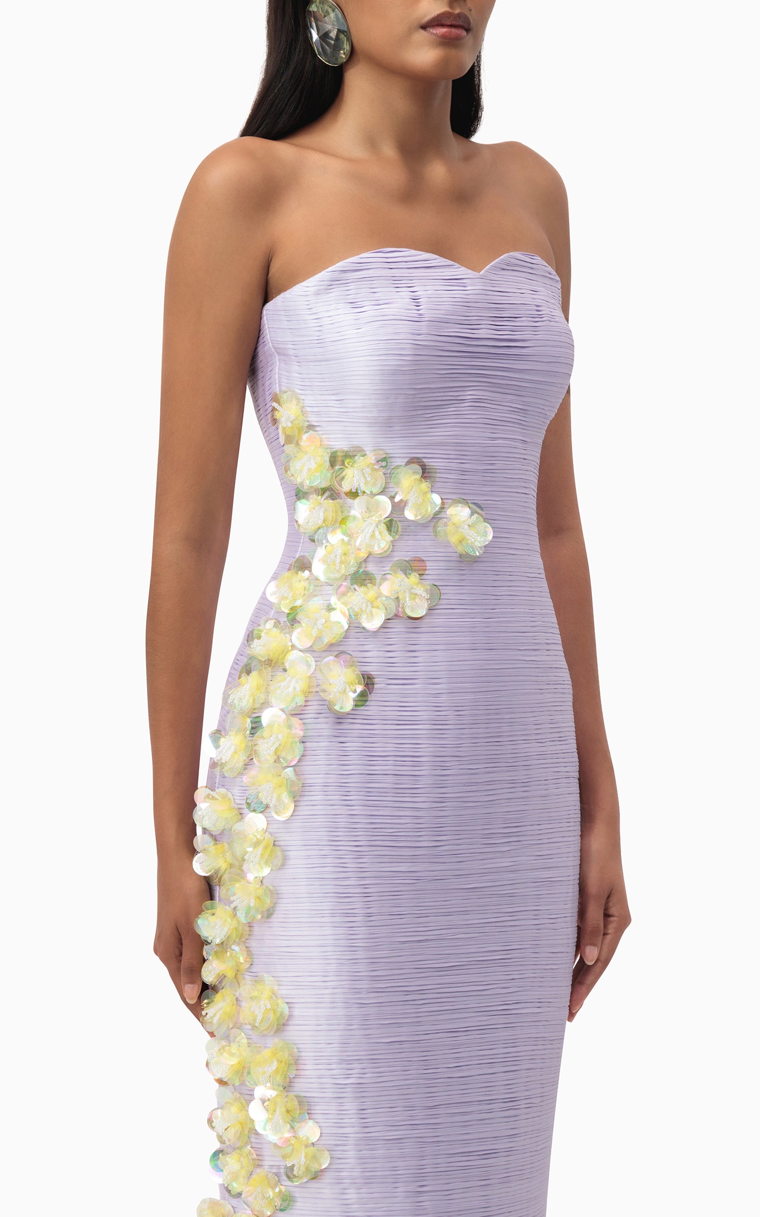 Model wearing lilac taffeta maxi dress with yellow floral detailing – perfect for evening events, weddings, or formal summer occasions details