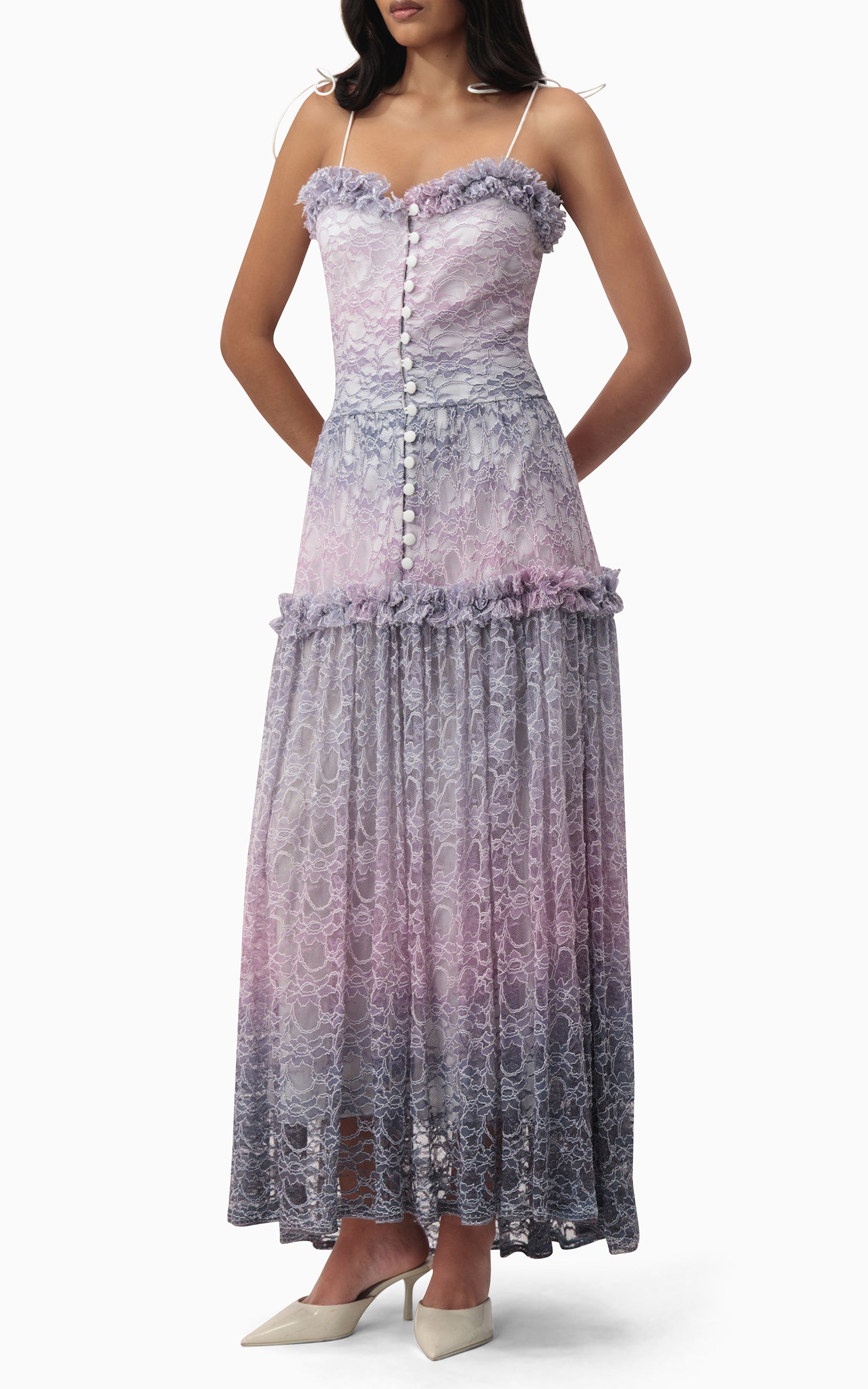 Purple ombré dress with ruffled neckline, tie-on straps, and flowing skirt – ideal for summer dates, garden parties, and romantic getaways front pose
