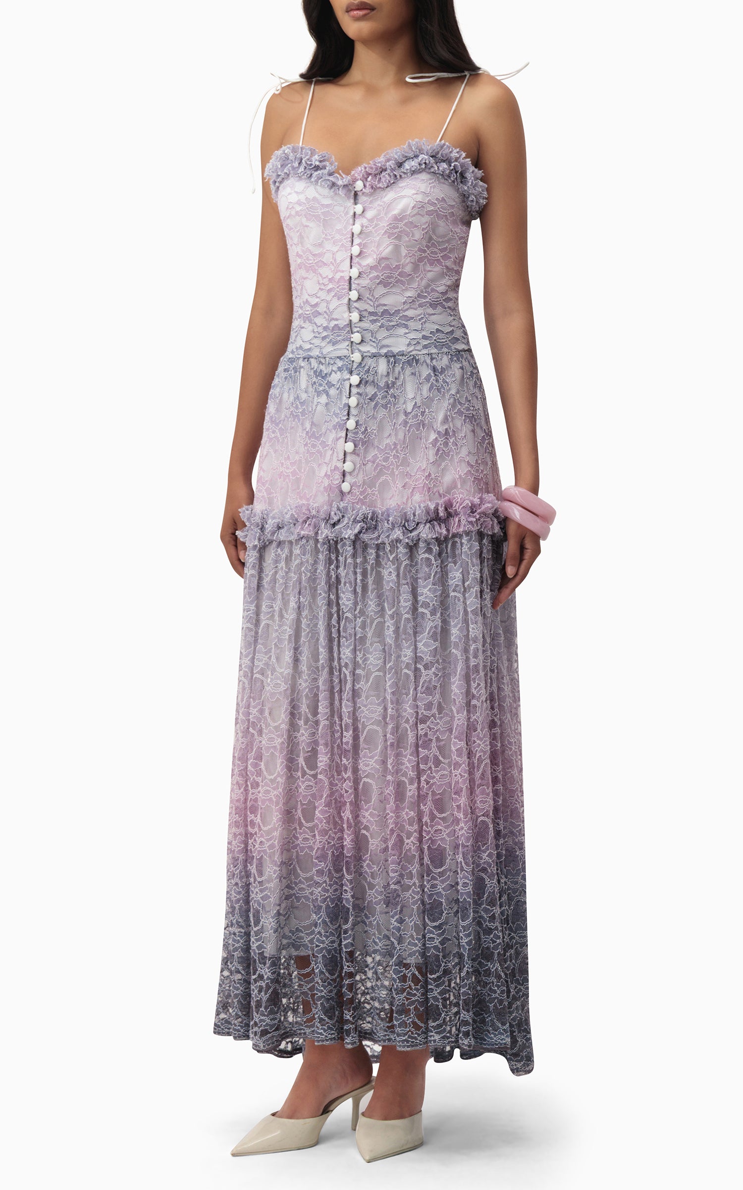 Purple ombré dress with ruffled neckline, tie-on straps, and flowing skirt – ideal for summer dates, garden parties, and romantic getaways side