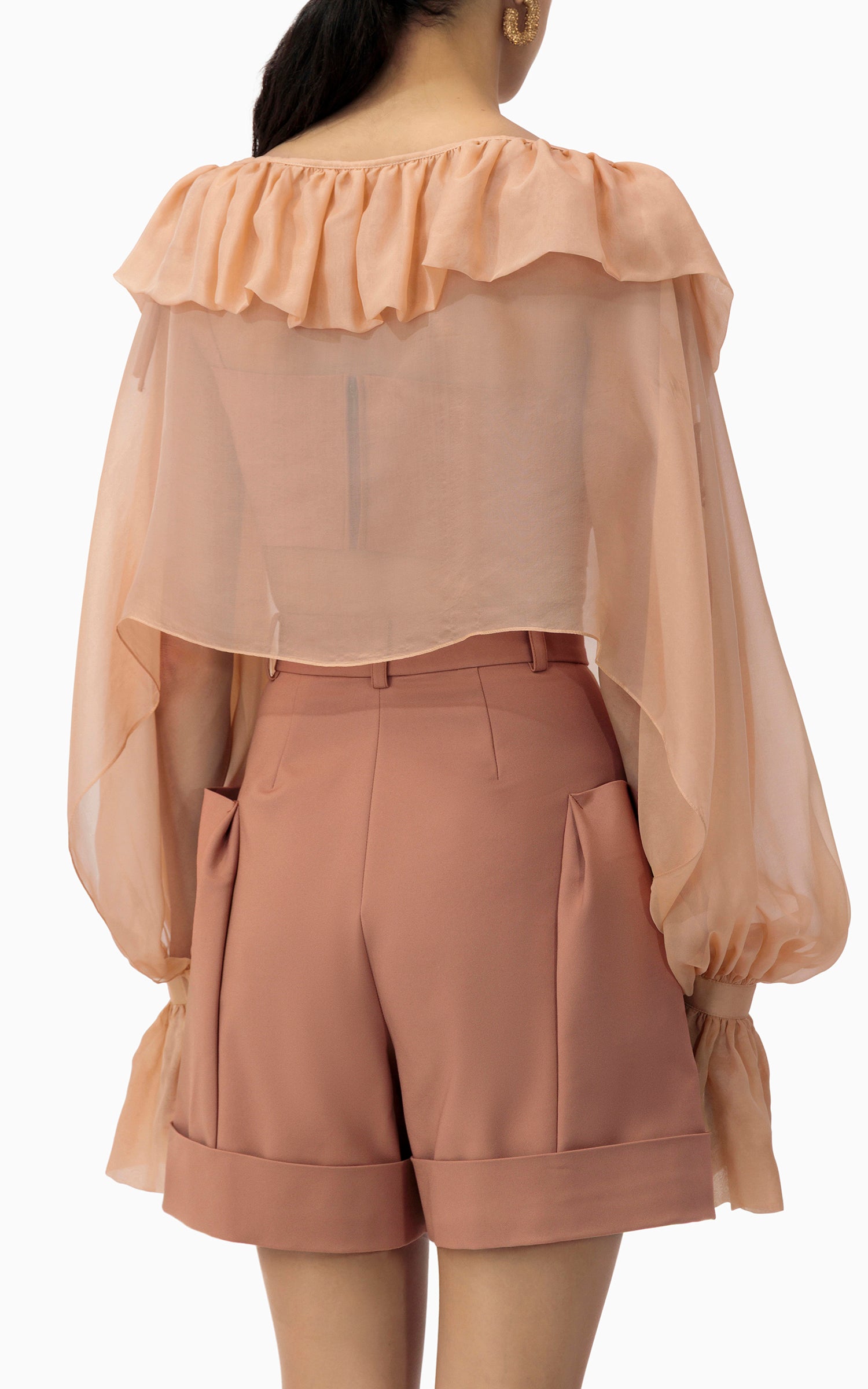 Sheer silk chiffon ruffle top with inner crop – perfect for evening looks, Dubai dinners, and breezy GCC layering, back detail