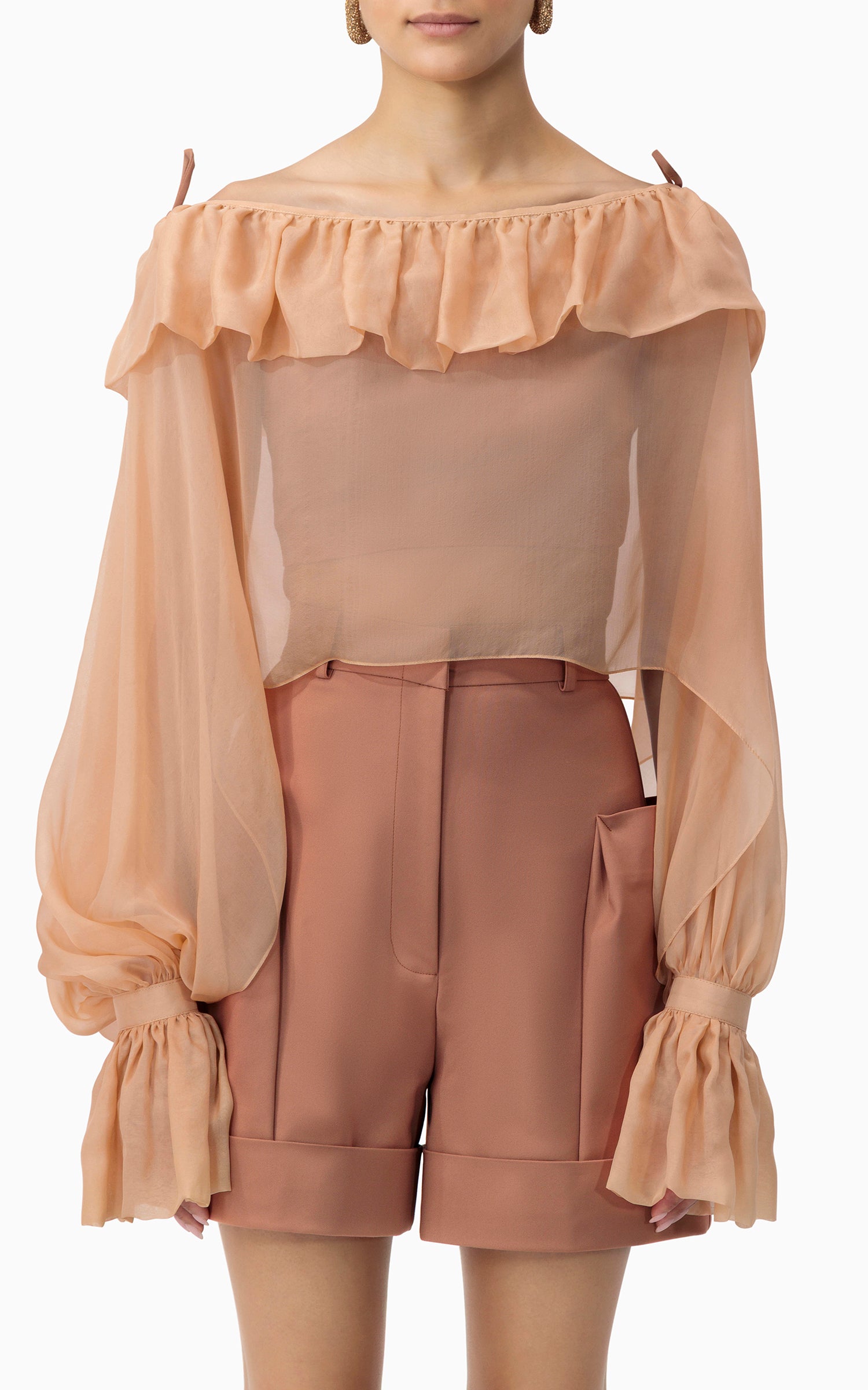 Sheer silk chiffon ruffle top with inner crop – perfect for evening looks, Dubai dinners, and breezy GCC layering, front