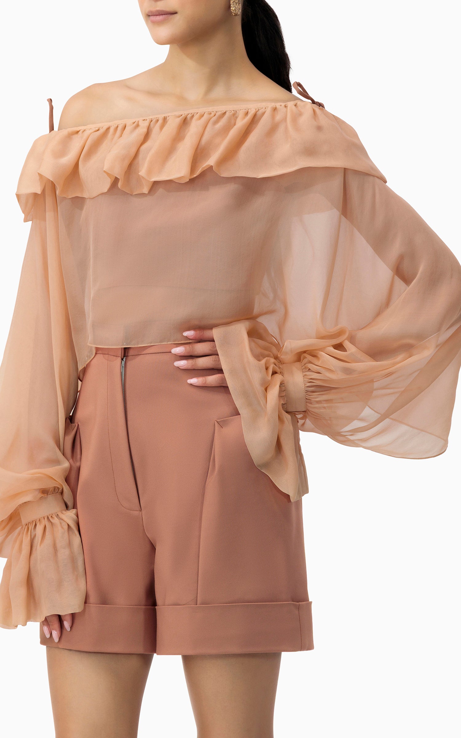 Sheer silk chiffon ruffle top with inner crop – perfect for evening looks, Dubai dinners, and breezy GCC layering, side pose