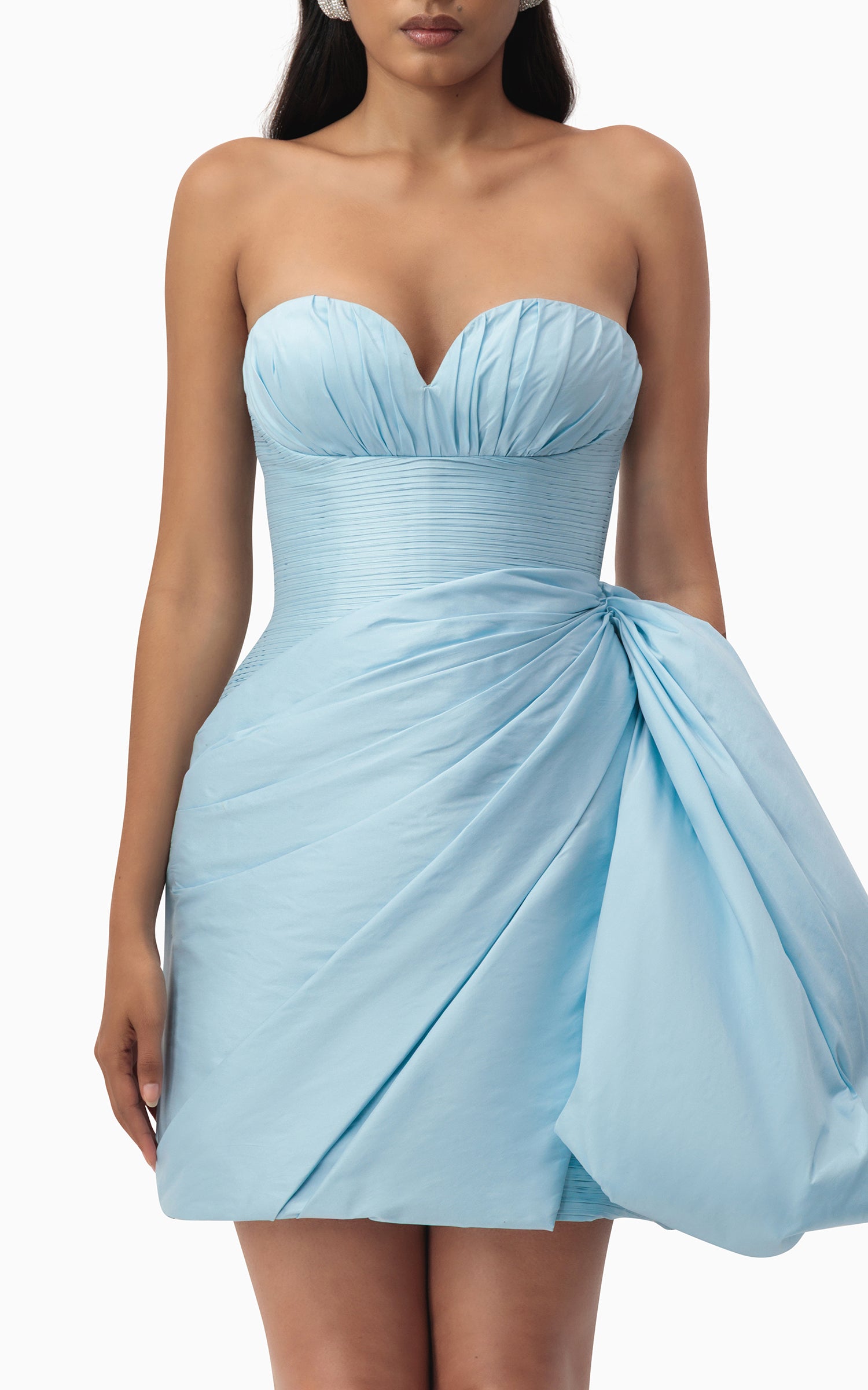 Sky Blue Draped pleated Taffeta Dress close up