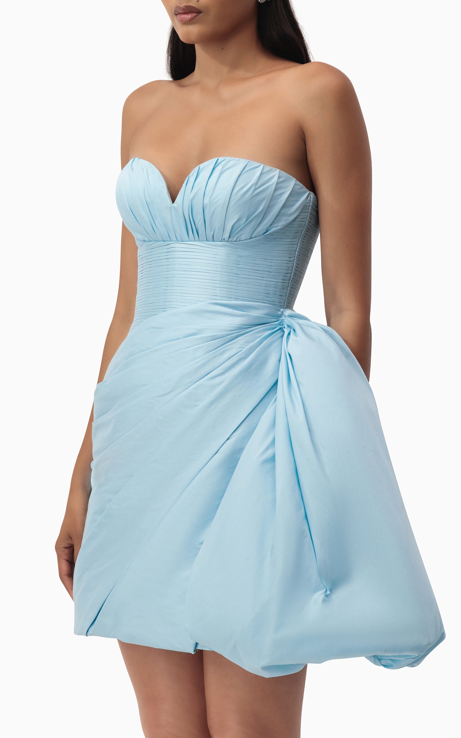 Sky Blue Draped pleated Taffeta Dress close up side view