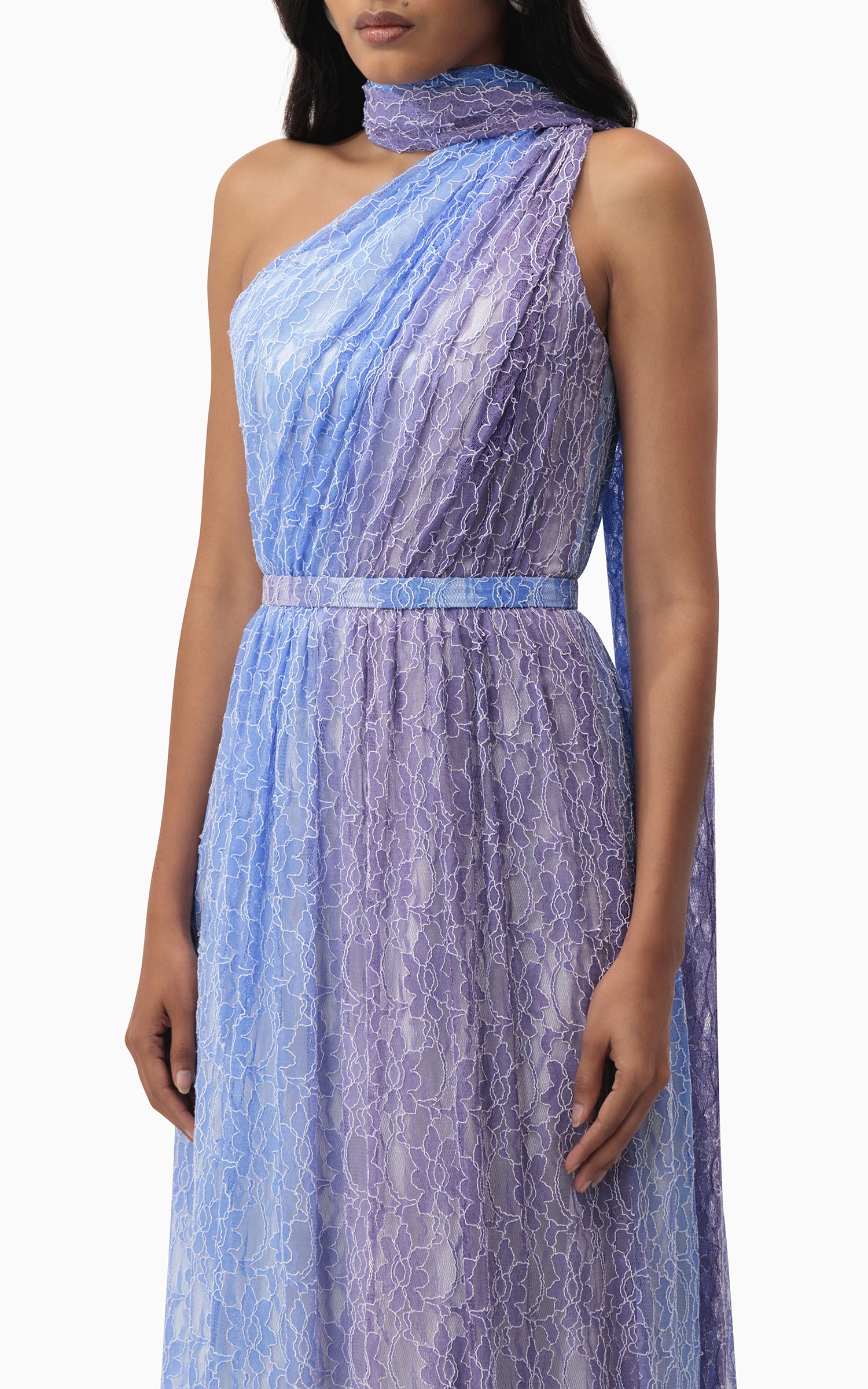 Blue and purple lace halter summer dress with belt and scarf — perfect for beach weddings, resort getaways, and romantic summer evenings detail