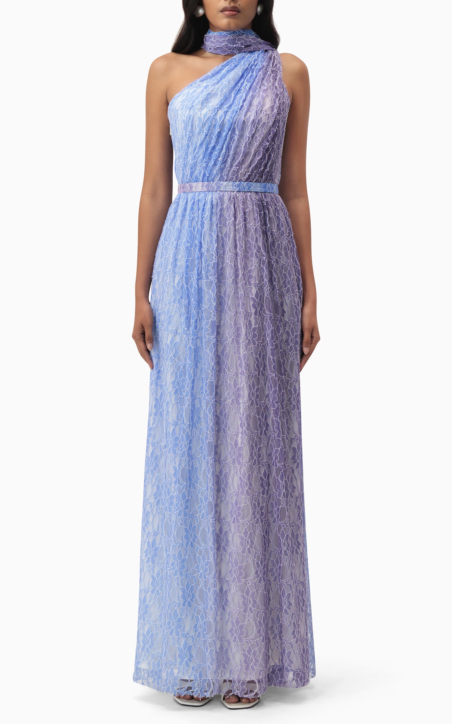 Blue and purple lace halter summer dress with belt and scarf — perfect for beach weddings, resort getaways, and romantic summer evenings front