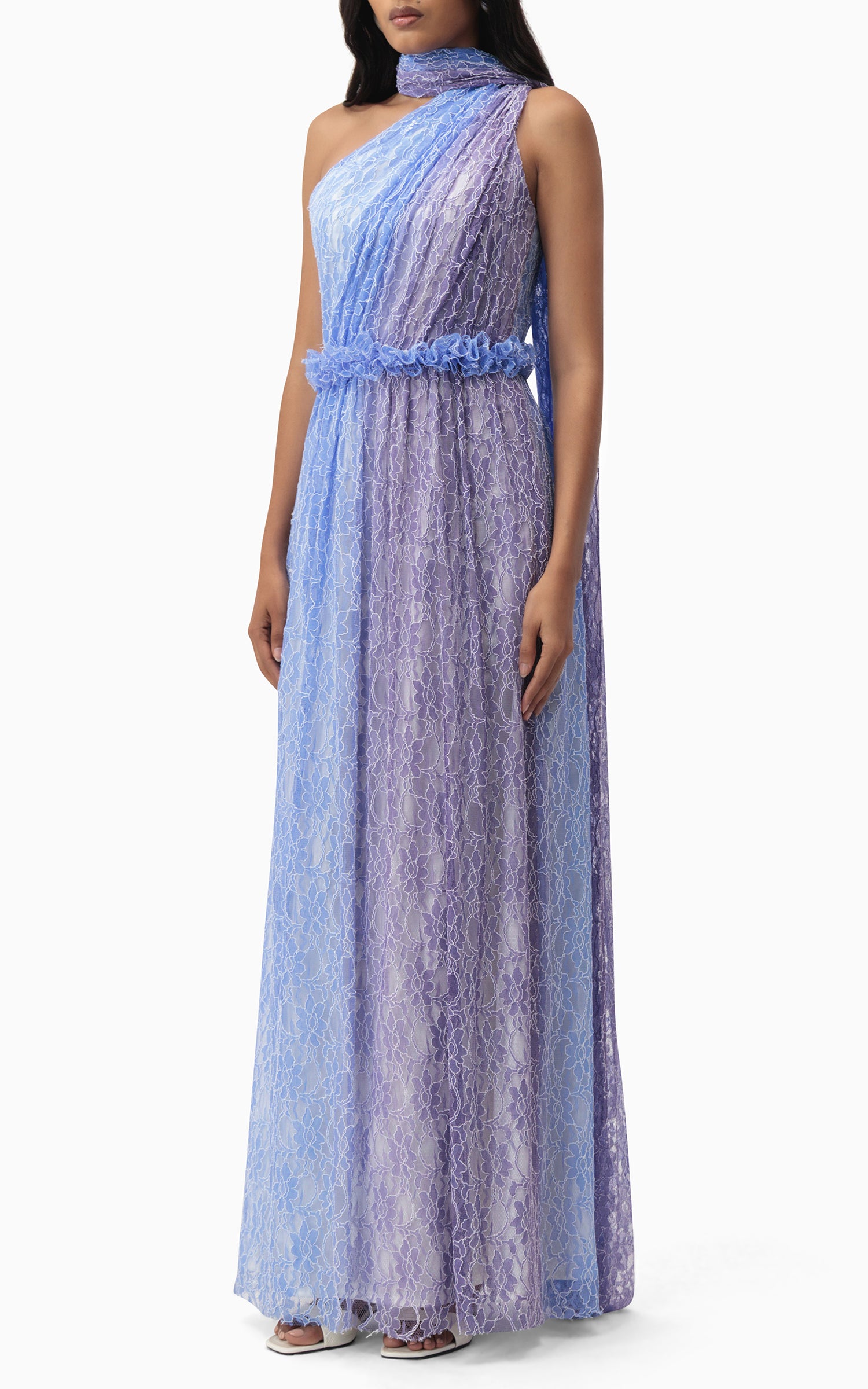 Blue and purple lace halter summer dress with belt and scarf — perfect for beach weddings, resort getaways, and romantic summer evenings front pose