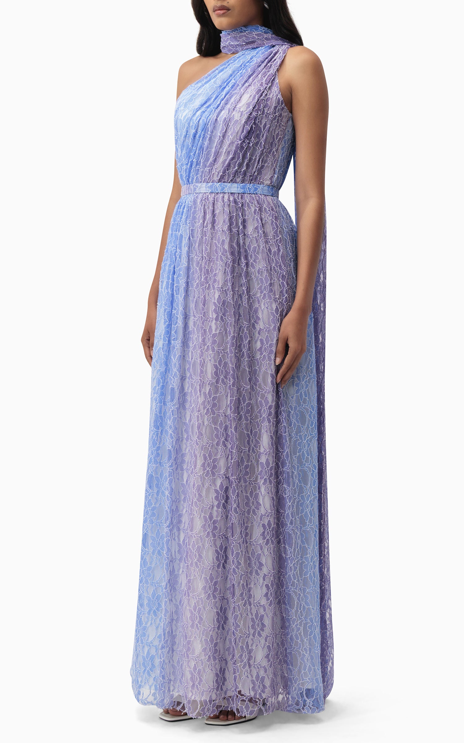 Blue and purple lace halter summer dress with belt and scarf — perfect for beach weddings, resort getaways, and romantic summer evenings side