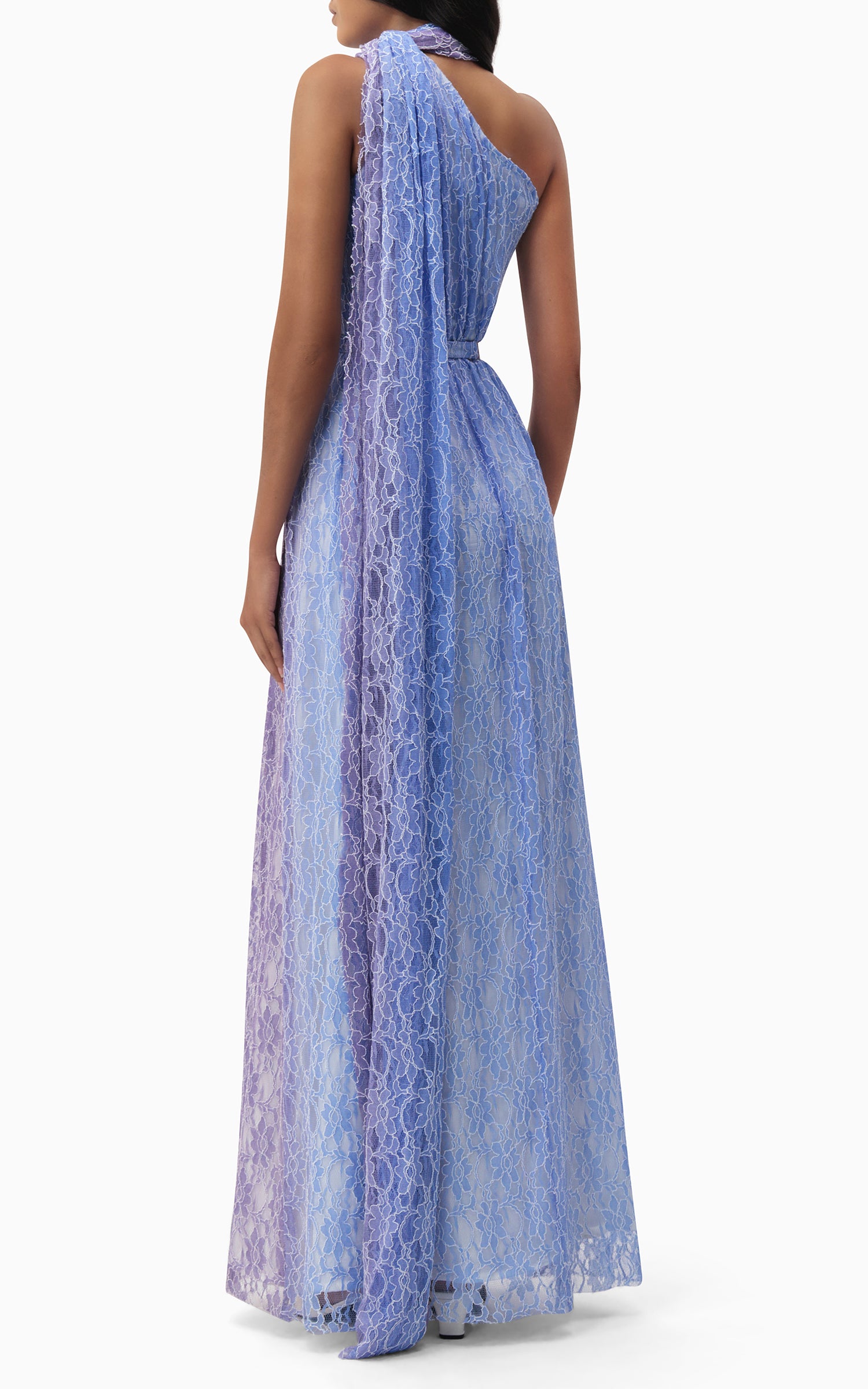 Blue and purple lace halter summer dress with belt and scarf — perfect for beach weddings, resort getaways, and romantic summer evenings side back