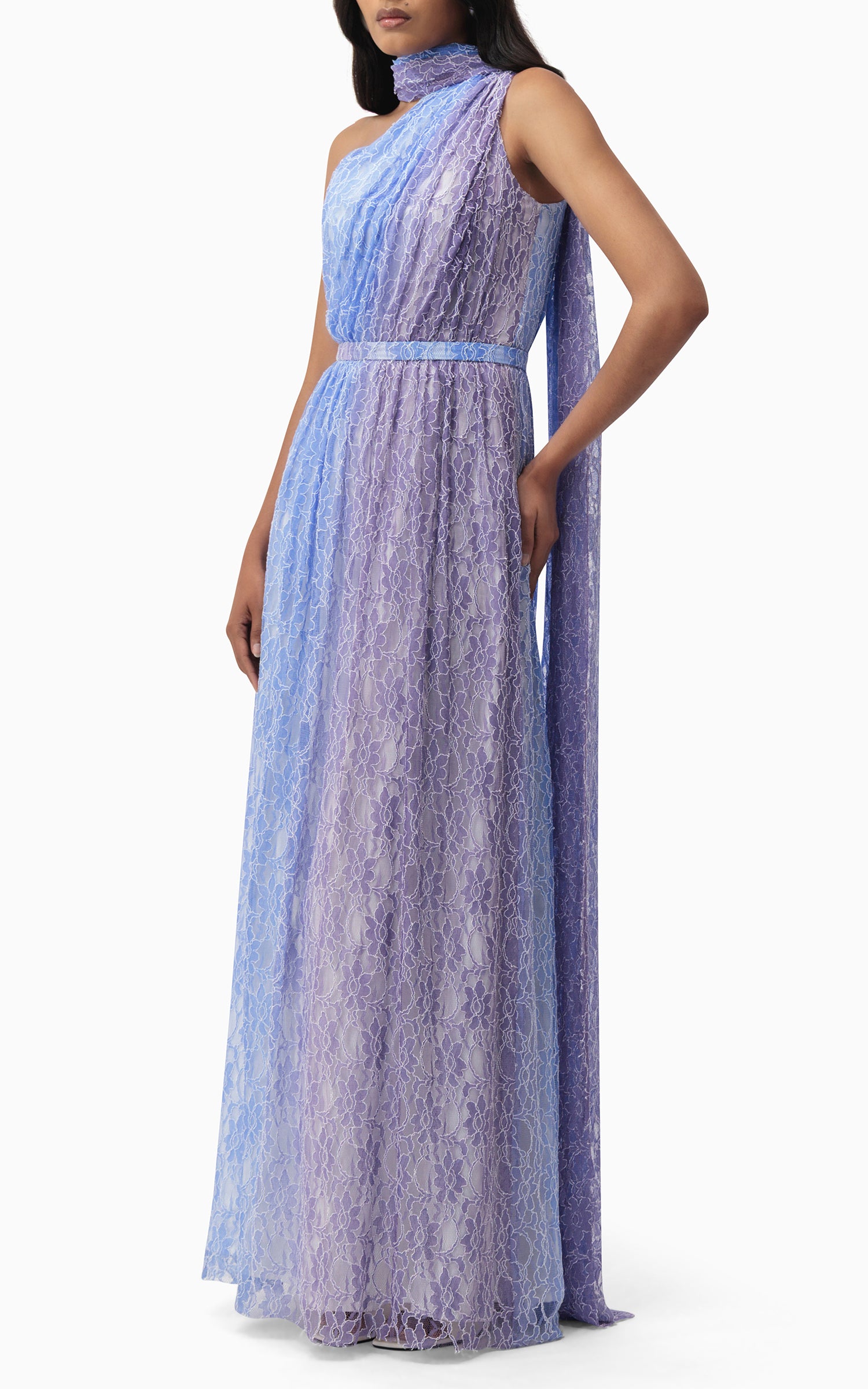 Blue and purple lace halter summer dress with belt and scarf — perfect for beach weddings, resort getaways, and romantic summer evenings side pose