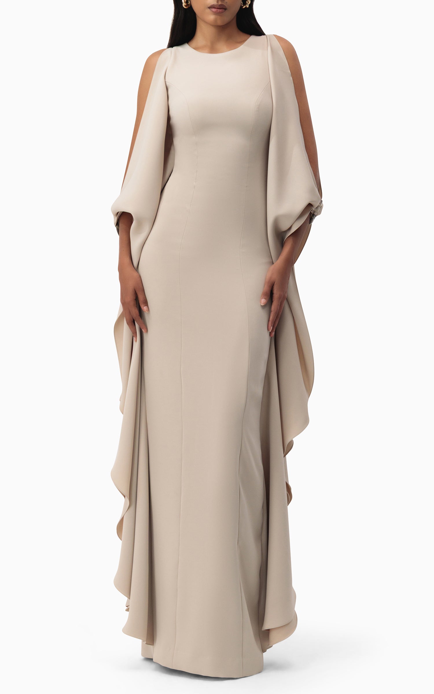 Flowing Beige Gown with Side Panels front