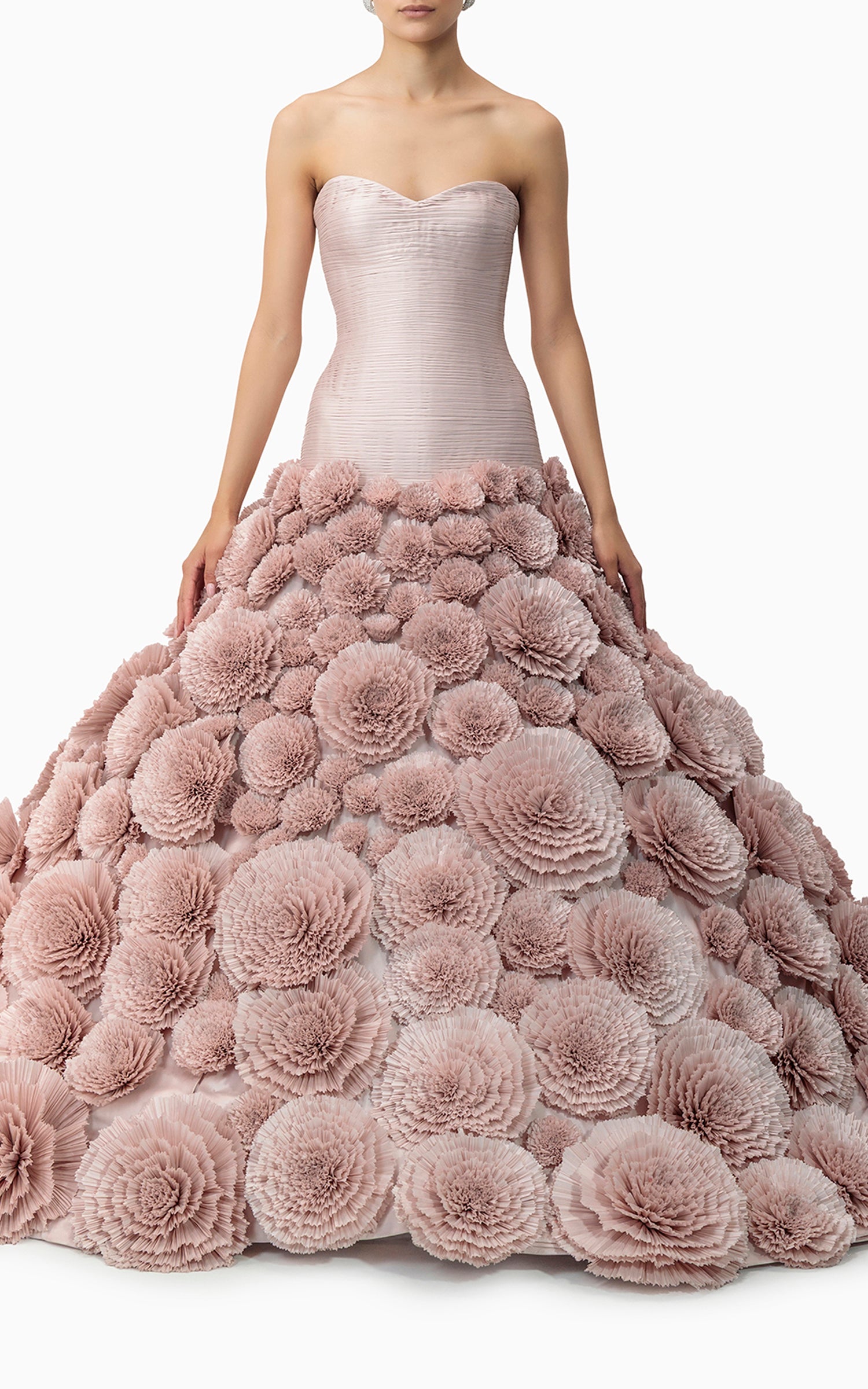 Handmade floral couture gown with 100 fabric flowers and sculptural skirt – perfect for red carpets, couture shows, and gala nights in Dubai or the GCC, front
