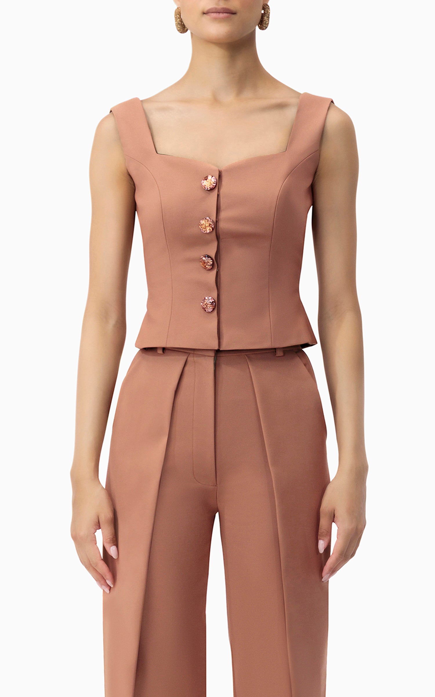 Mocha tailored vest with gem-style buttons – versatile layering piece for GCC fashion, from Dubai street style to evening ensembles, front