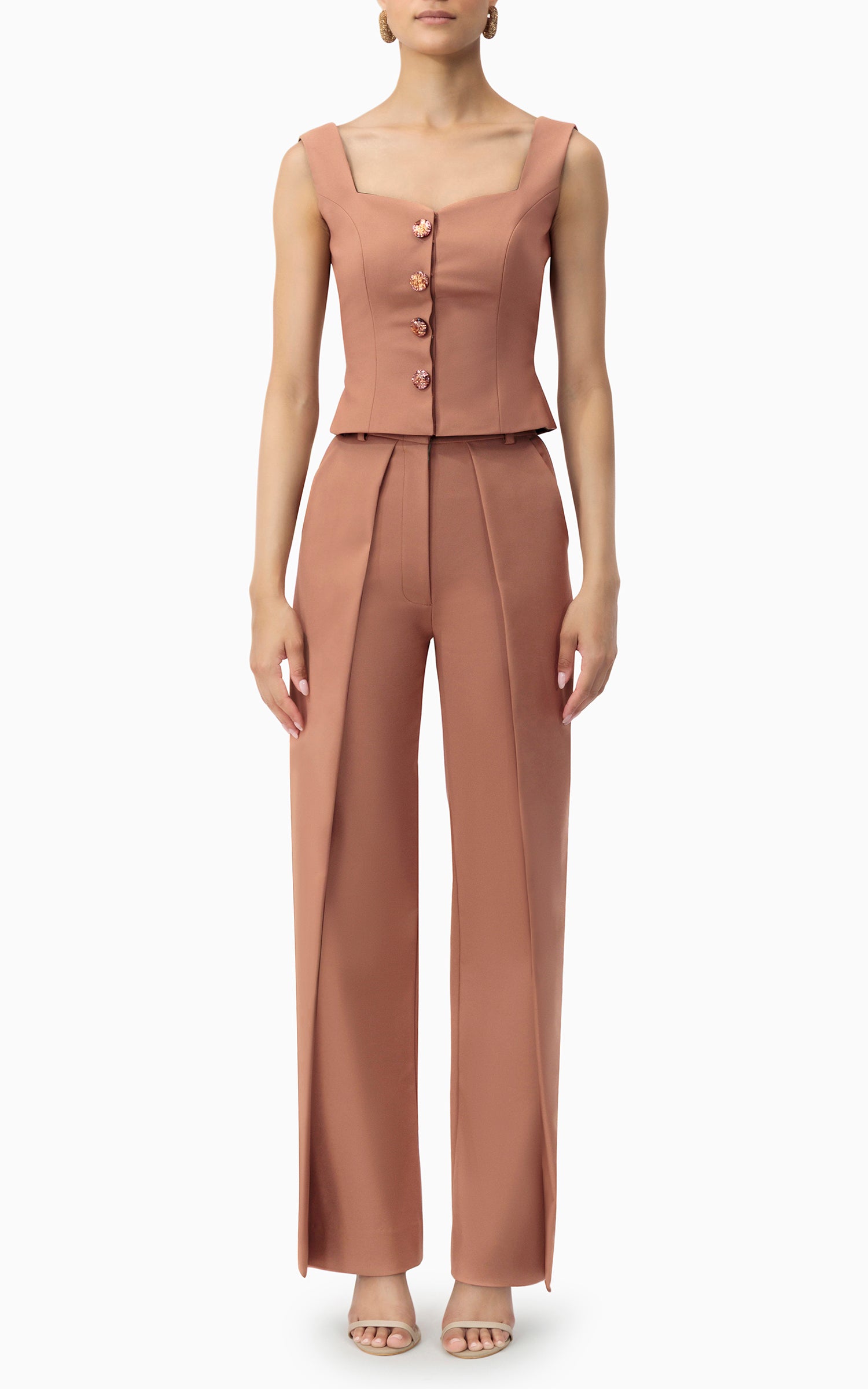 Mocha tailored vest with gem-style buttons – versatile layering piece for GCC fashion, from Dubai street style to evening ensembles, full front