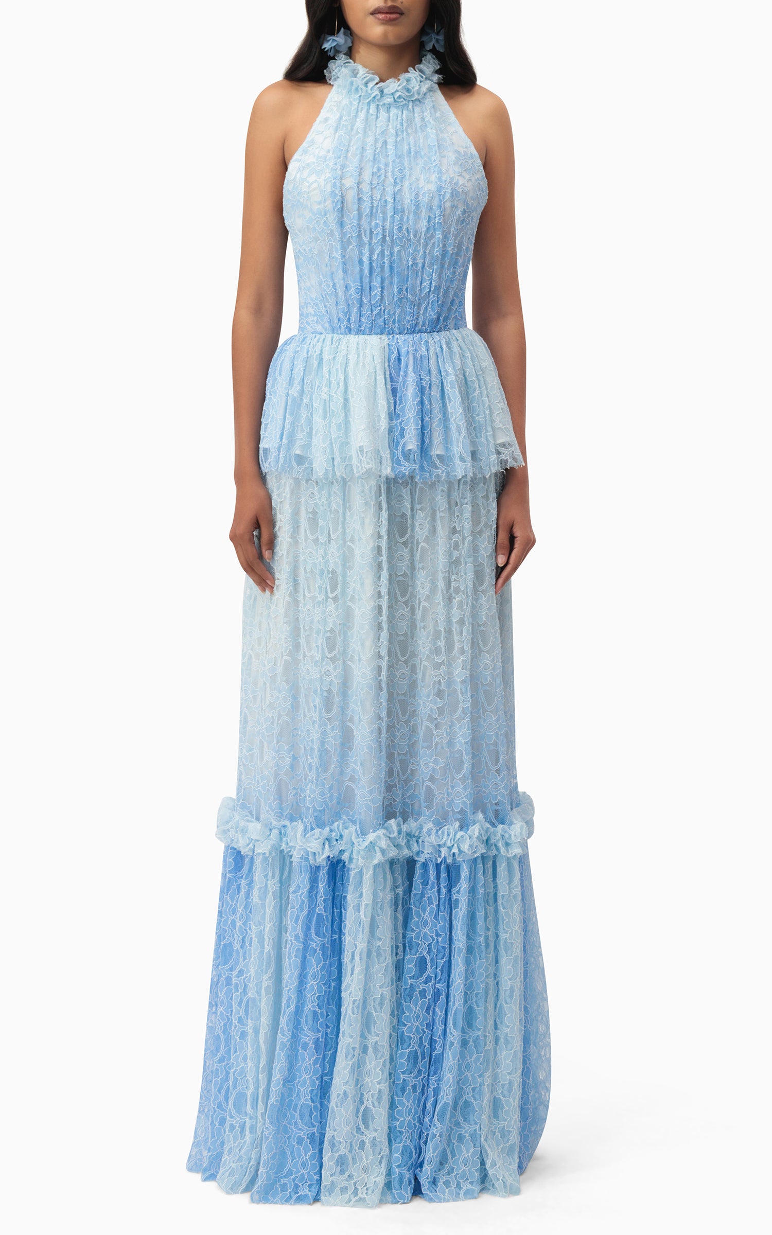 Model wearing halter blue lace dress with ruffles and peplum waist – perfect for beach weddings, summer events, and romantic getawaysModel wearing halter blue lace dress with ruffles and peplum waist – perfect for beach weddings, summer events, and romantic getaways front