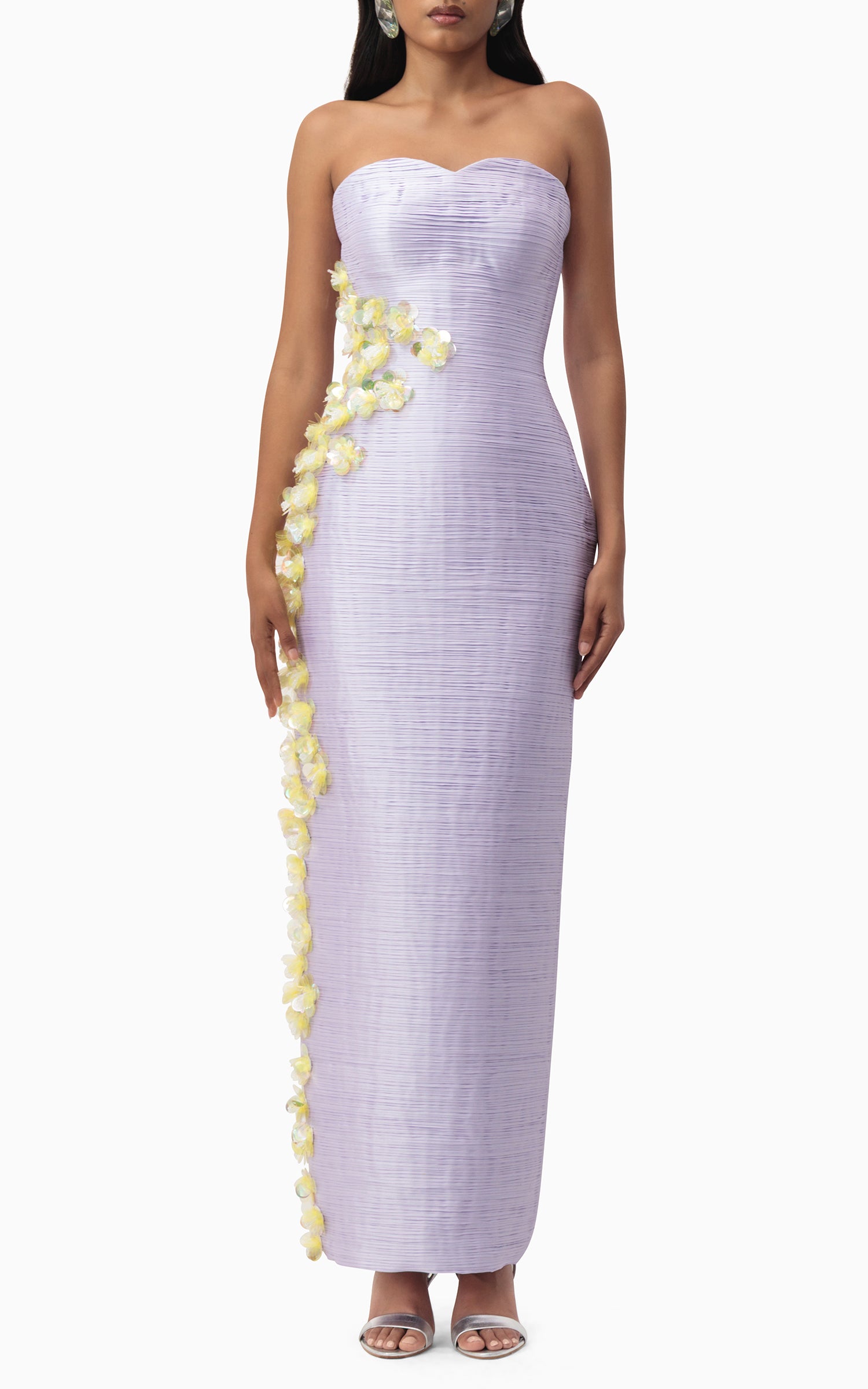 Model wearing lilac taffeta maxi dress with yellow floral detailing – perfect for evening events, weddings, or formal summer occasions front