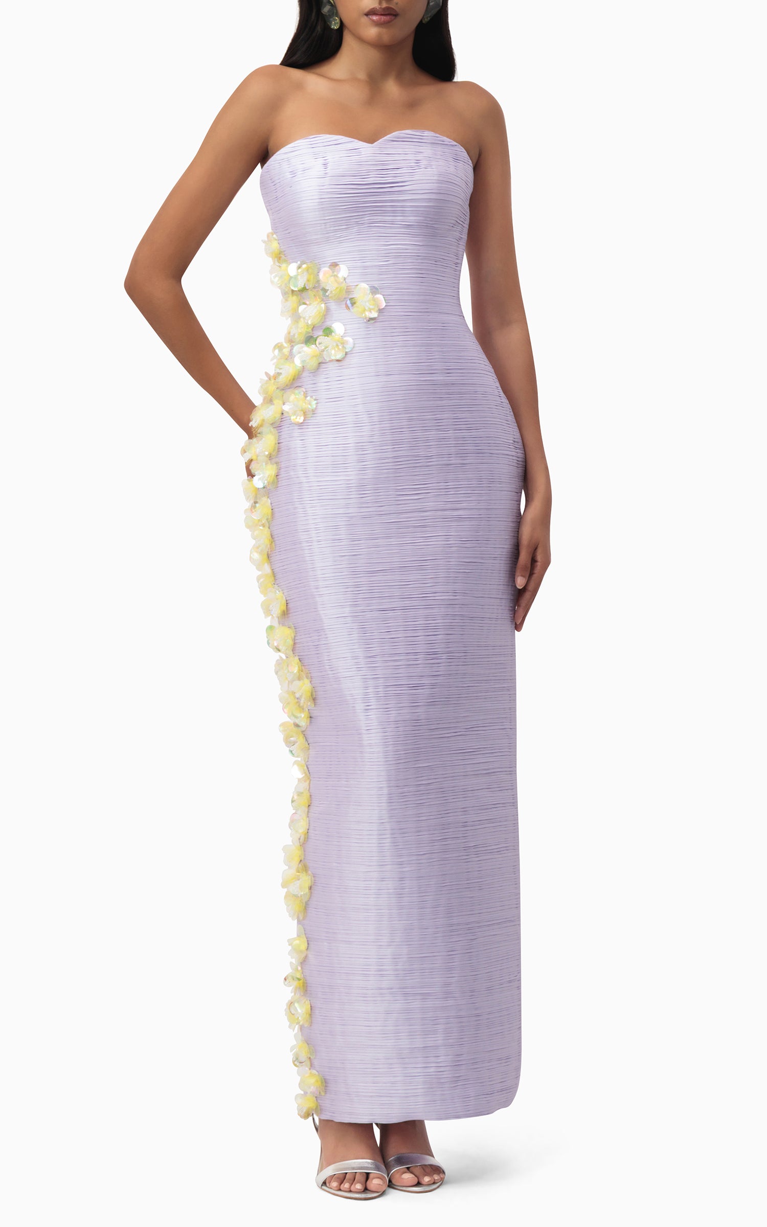 Model wearing lilac taffeta maxi dress with yellow floral detailing – perfect for evening events, weddings, or formal summer occasions front pose