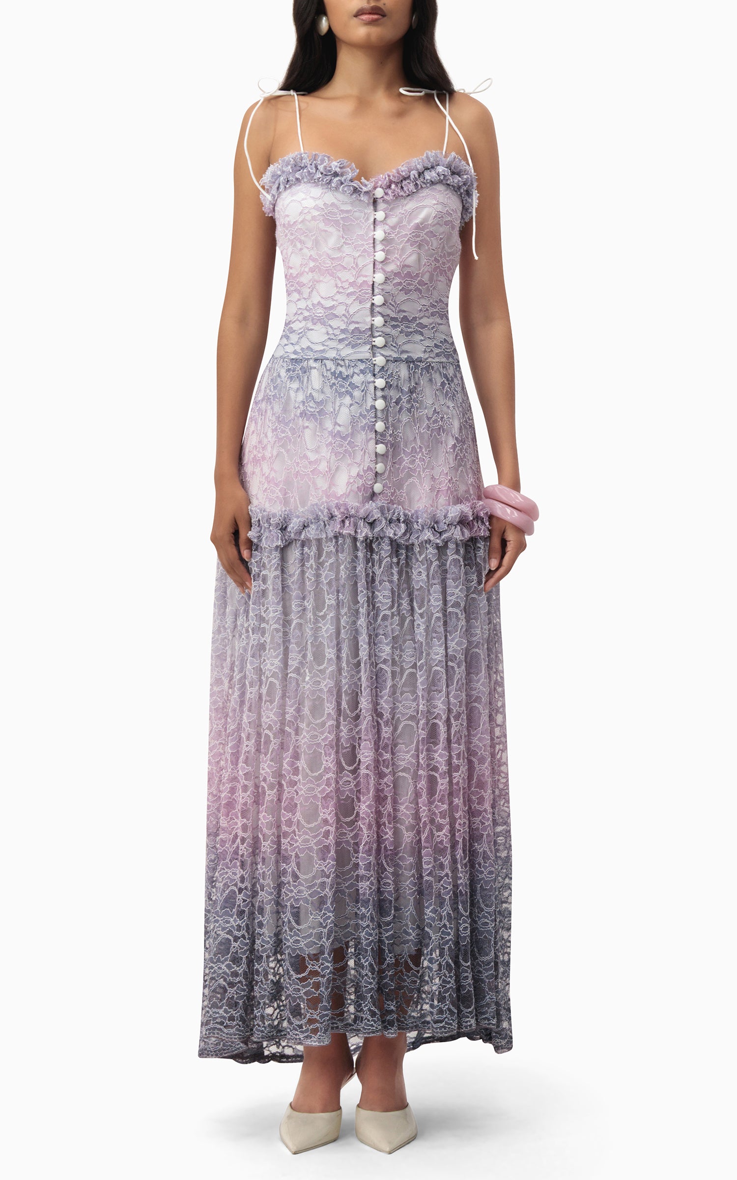 Purple ombré dress with ruffled neckline, tie-on straps, and flowing skirt – ideal for summer dates, garden parties, and romantic getaways front