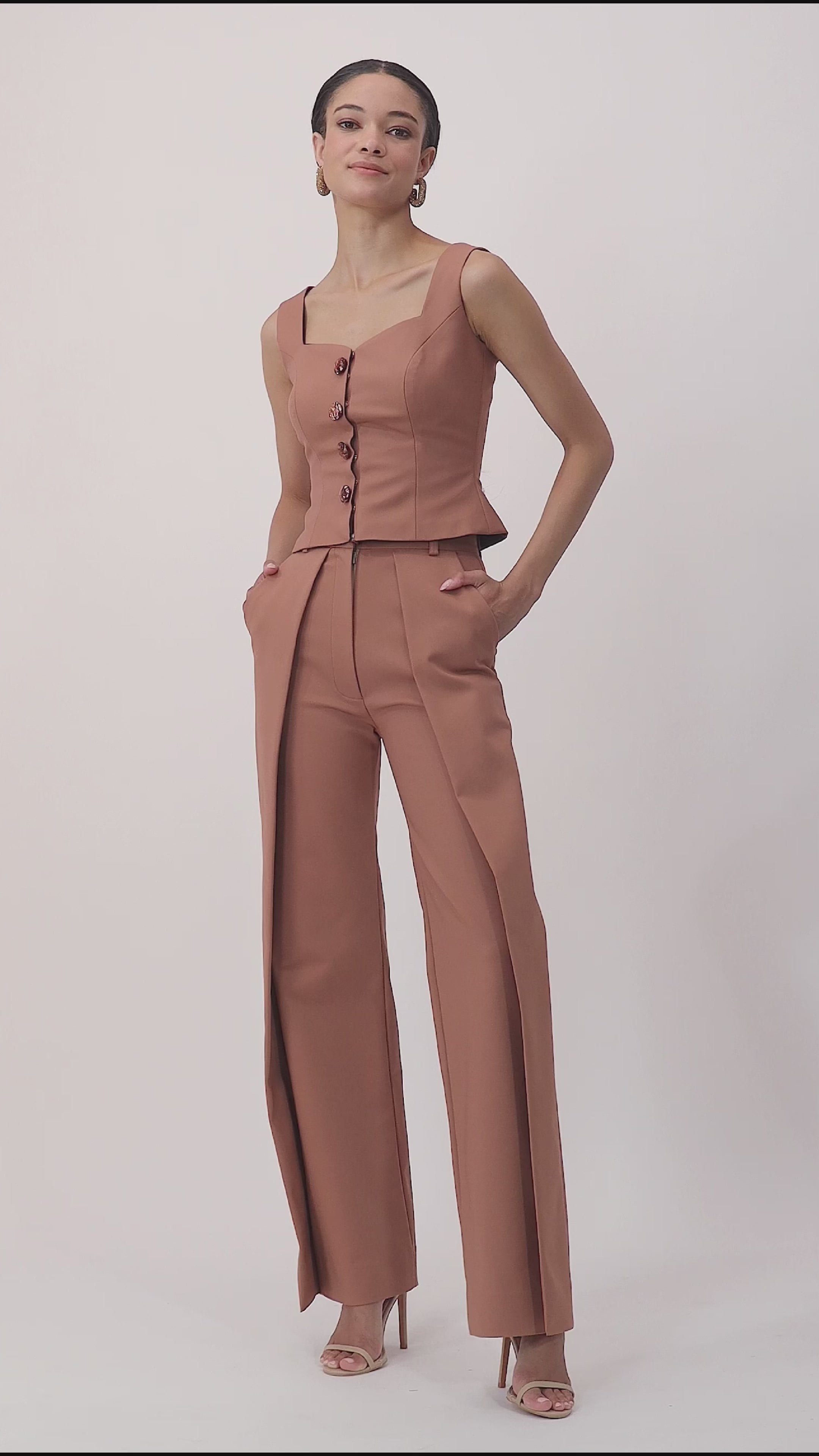 Mocha tailored vest with gem-style buttons – versatile layering piece for GCC fashion, from Dubai street style to evening ensembles, video