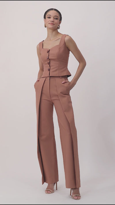 Mocha tailored vest with gem-style buttons – versatile layering piece for GCC fashion, from Dubai street style to evening ensembles, video