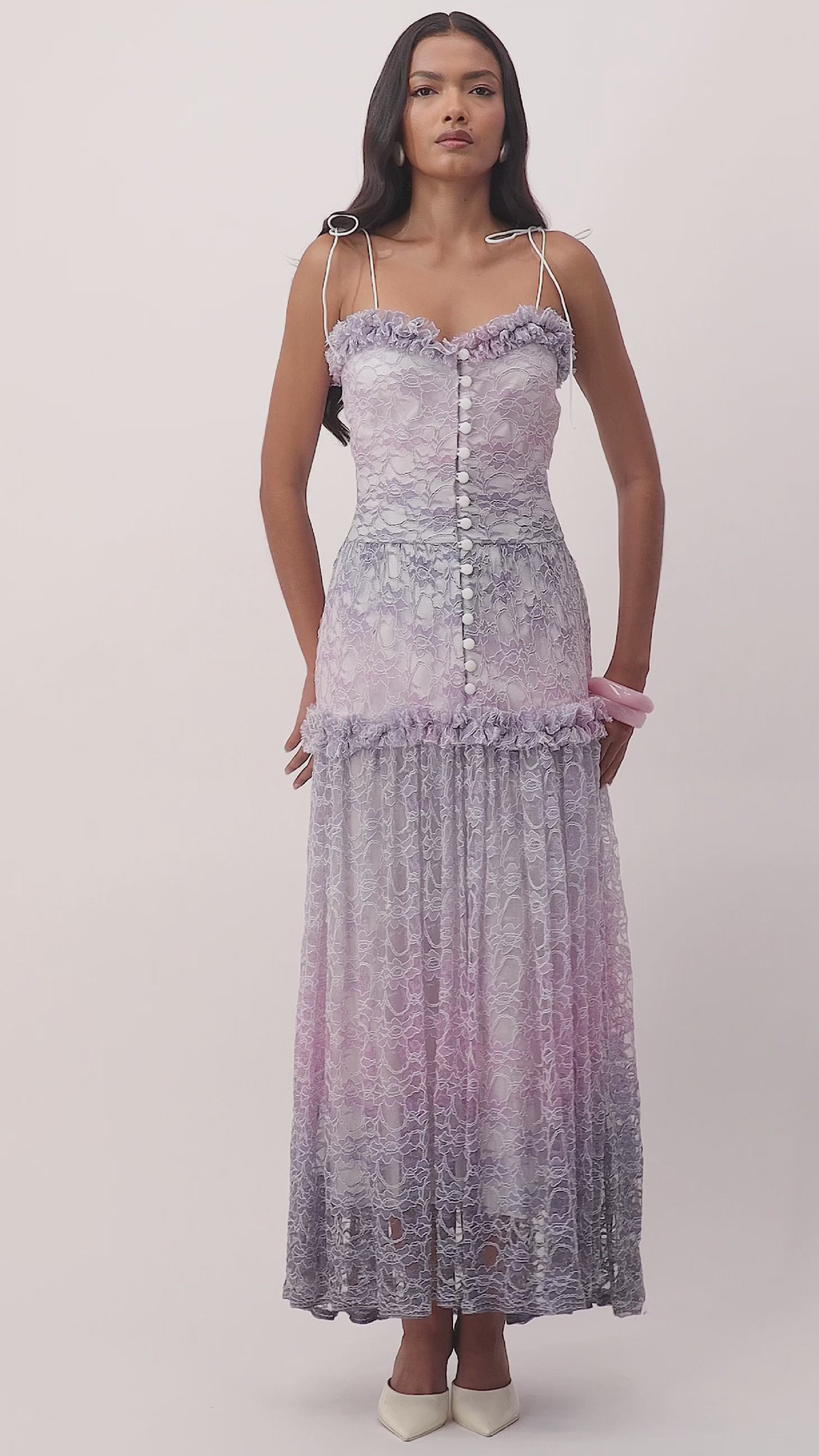 Purple ombré dress with ruffled neckline, tie-on straps, and flowing skirt – ideal for summer dates, garden parties, and romantic getaways dubai video