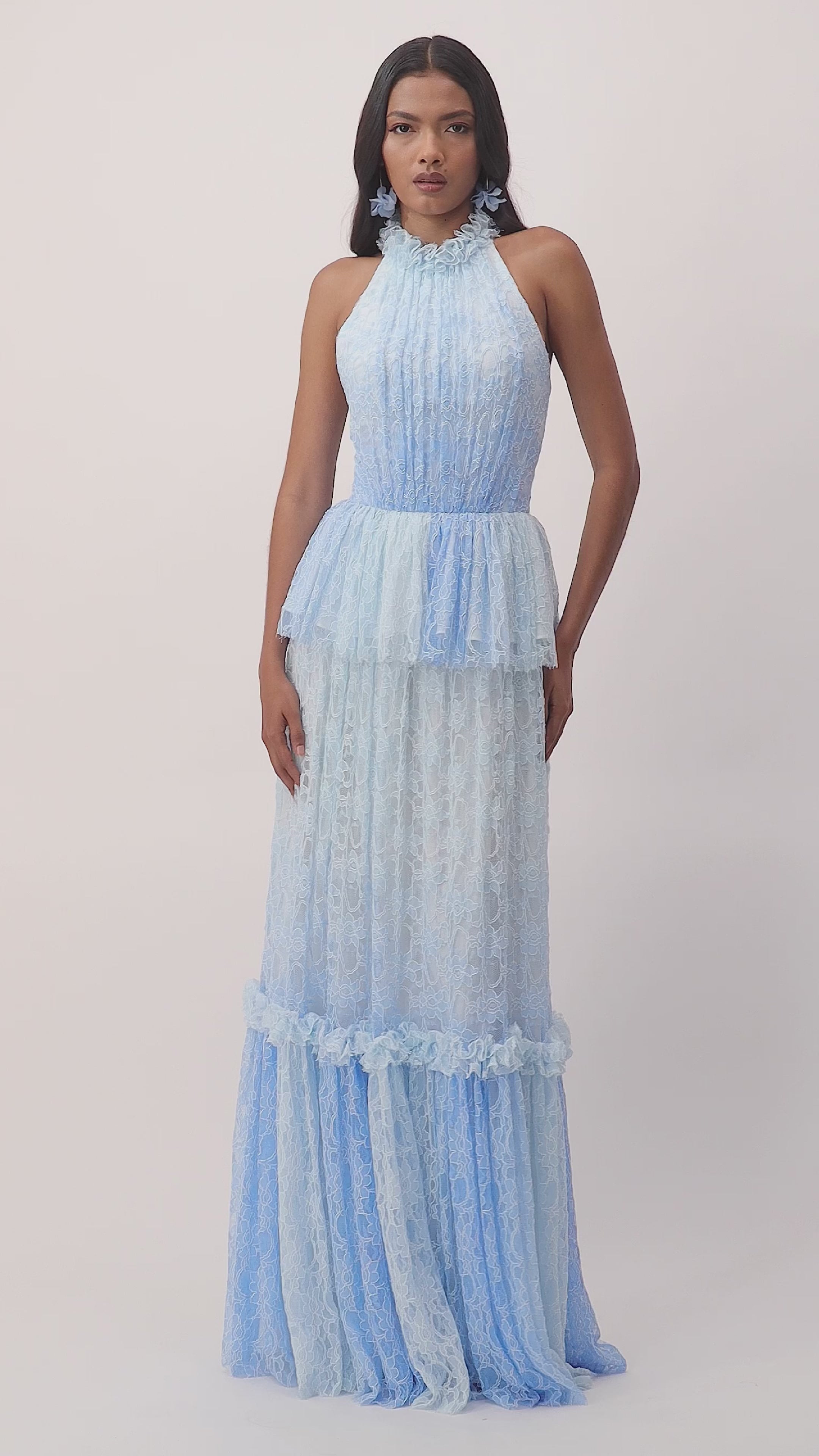 Model wearing halter blue lace dress with ruffles and peplum waist – perfect for beach weddings, summer events, and romantic getaways video