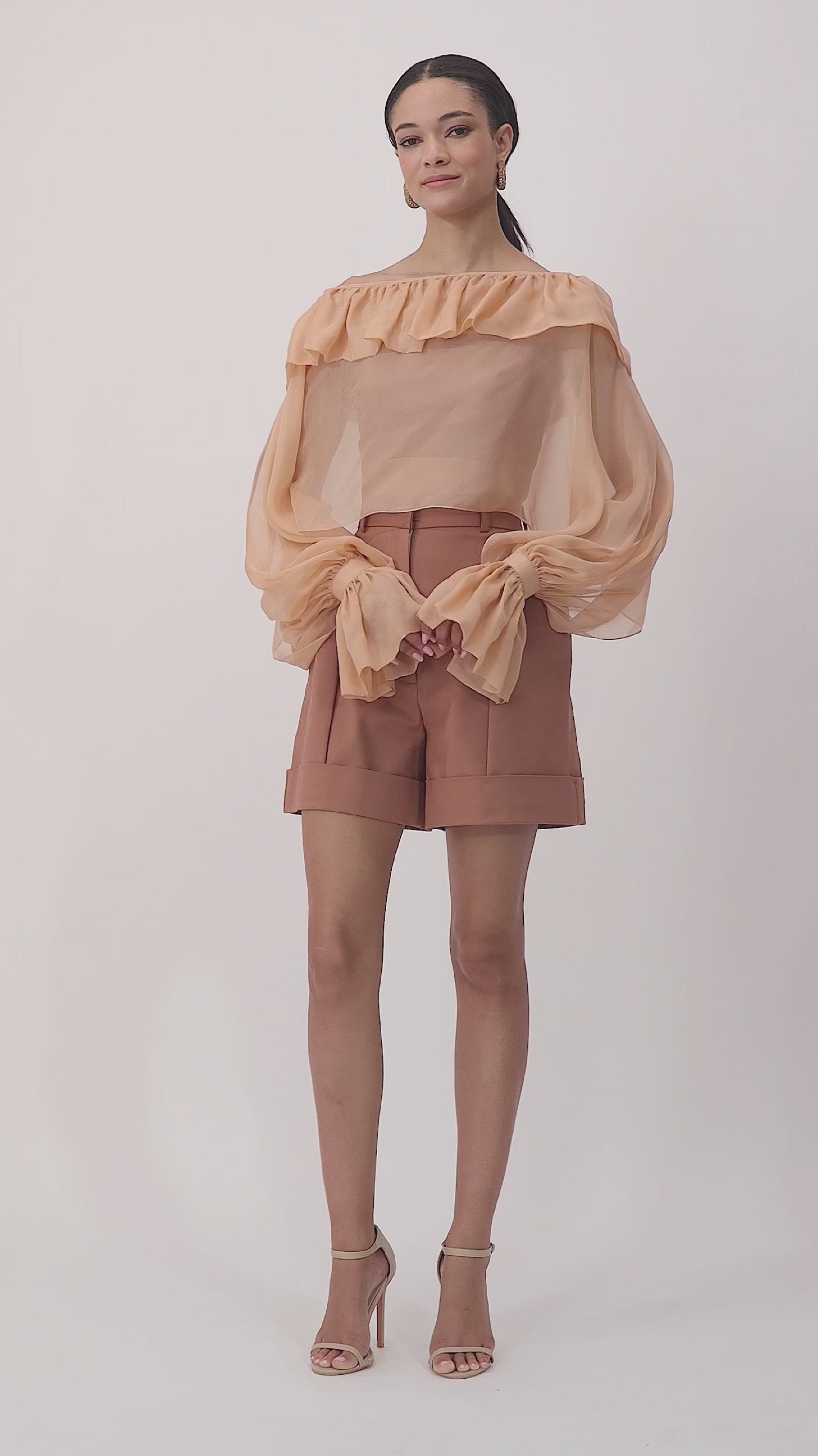 Sheer silk chiffon ruffle top with inner crop – perfect for evening looks, Dubai dinners, and breezy GCC layering video