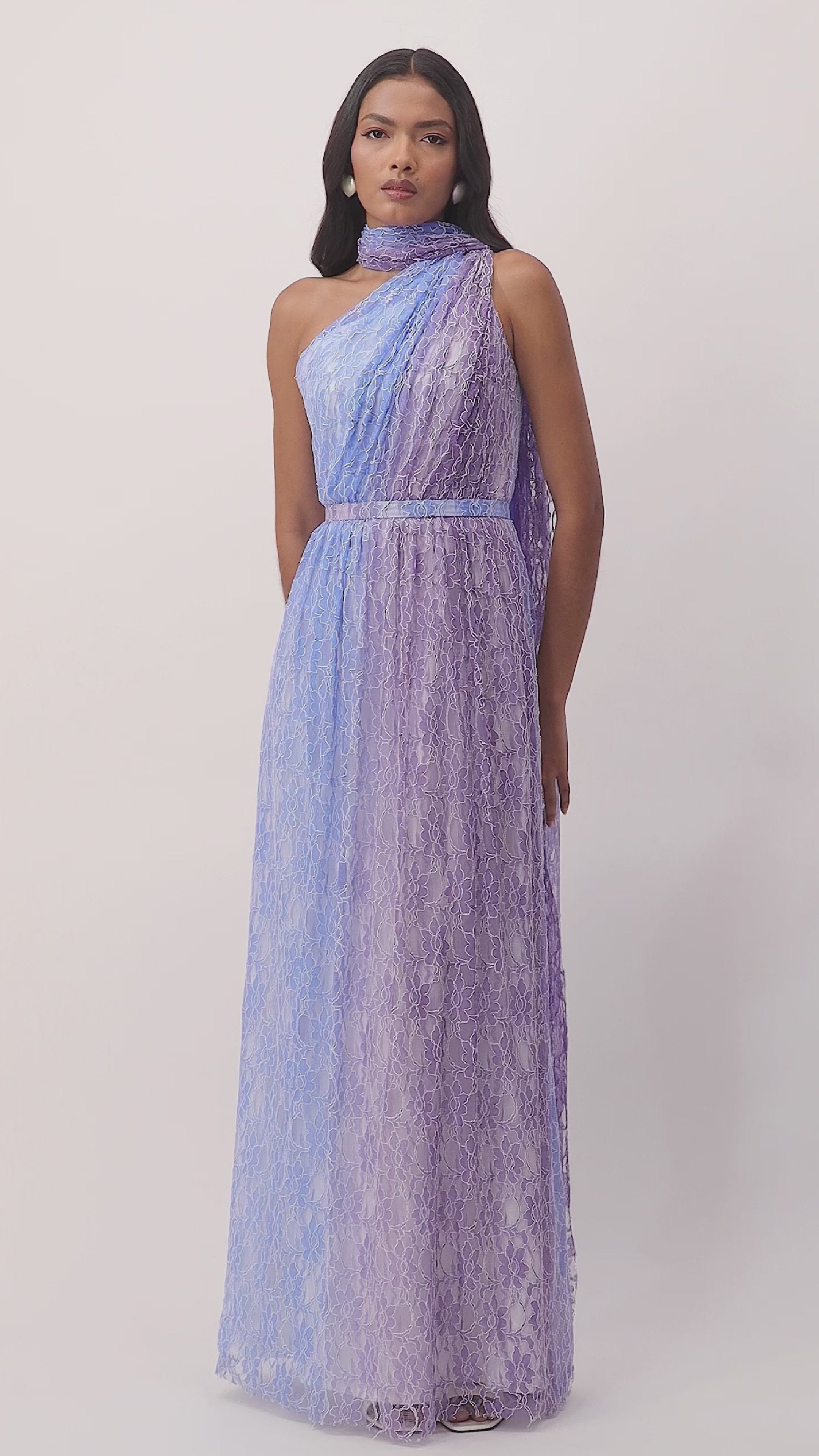 Blue and purple lace halter summer dress with belt and scarf — perfect for beach weddings, resort getaways, and romantic summer evenings